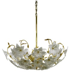 Brass Murano Glass Flower Chandelier, 1970s