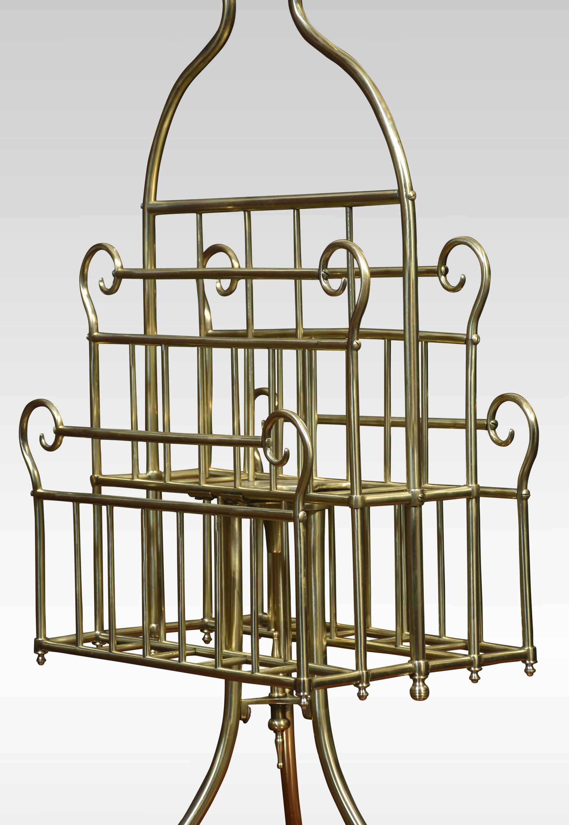Brass music / magazine rack with scrolled and railed divisions, on three out splayed supports termanating in paw feet.
Dimensions
Height 32.5 Inches
Width 18.5 Inches
Depth 18.5 Inches
