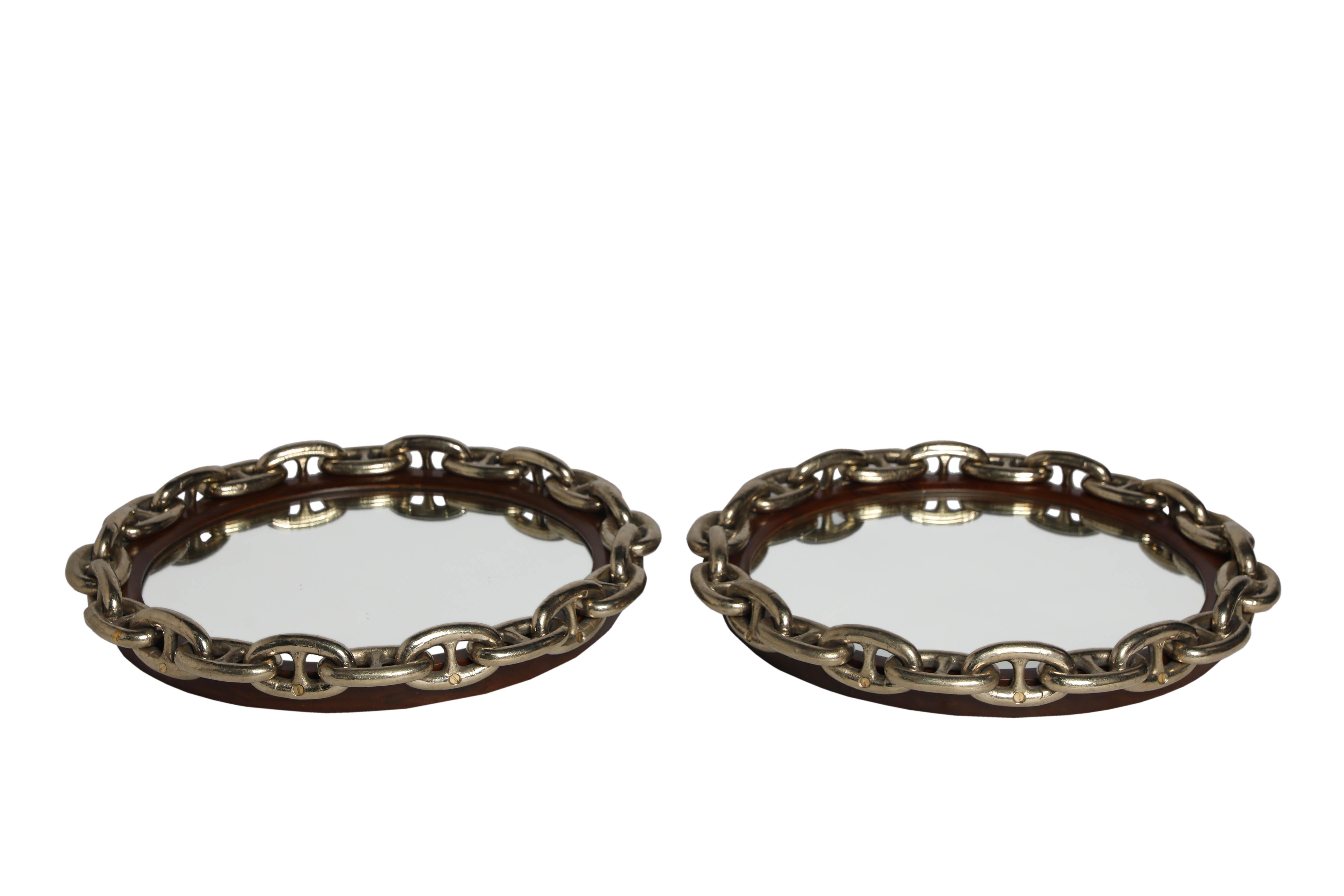 Brass Nautical Chain and Teak Wall Mirror In Good Condition For Sale In Nantucket, MA