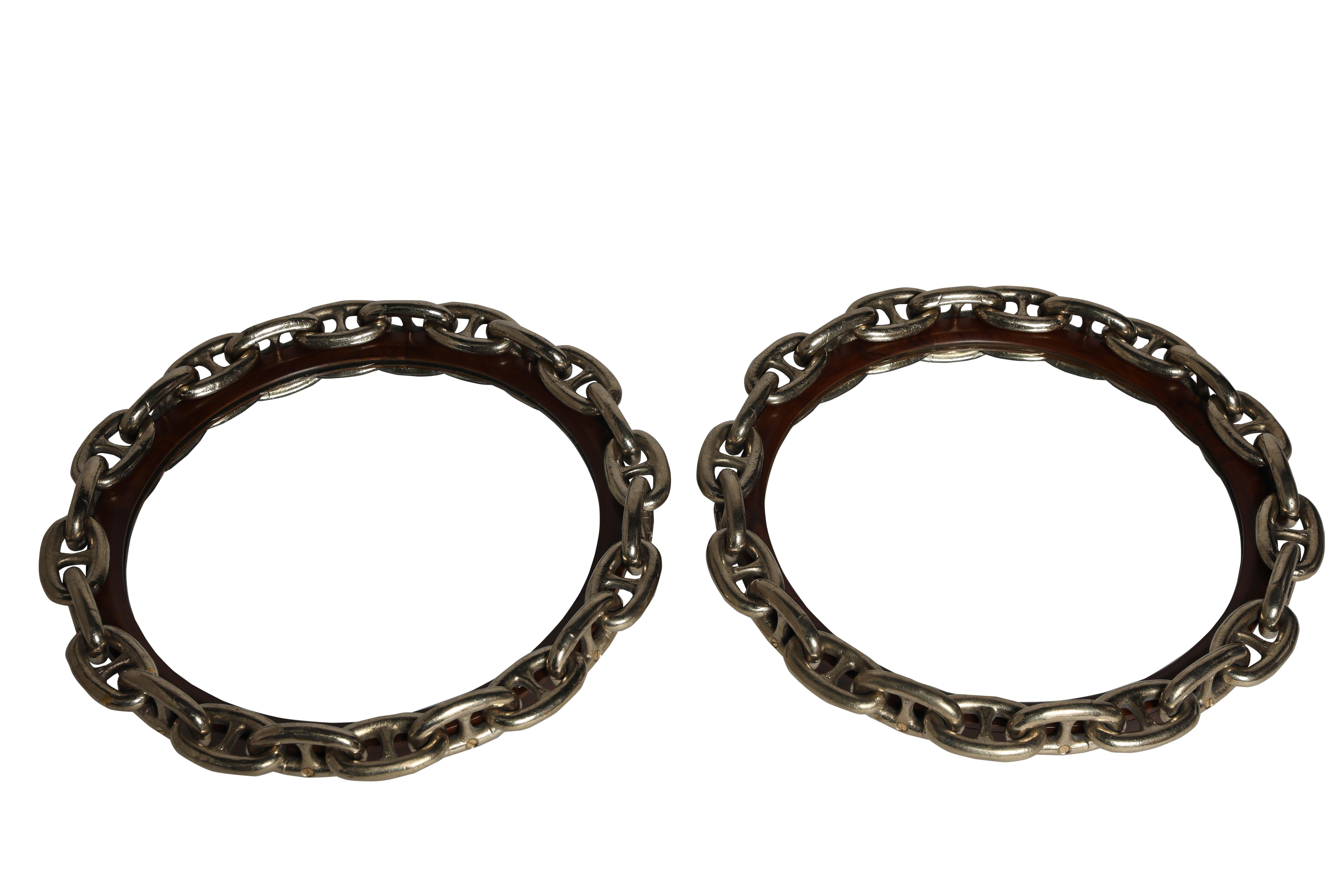 20th Century Brass Nautical Chain and Teak Wall Mirror For Sale