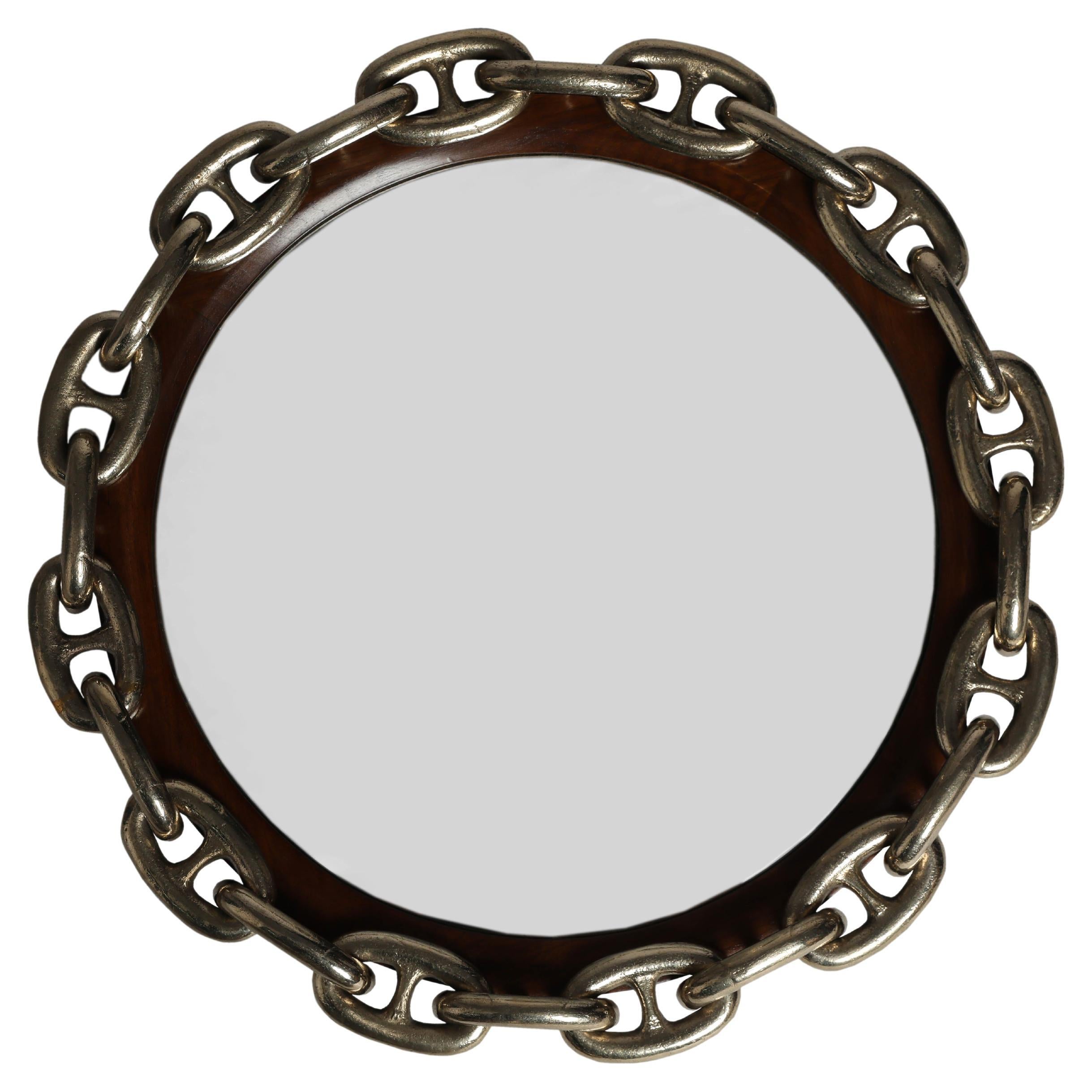 Brass Nautical Chain and Teak Wall Mirror