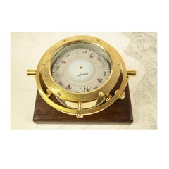 Brass Nautical Compass on a Wooden Board, Early 1900s