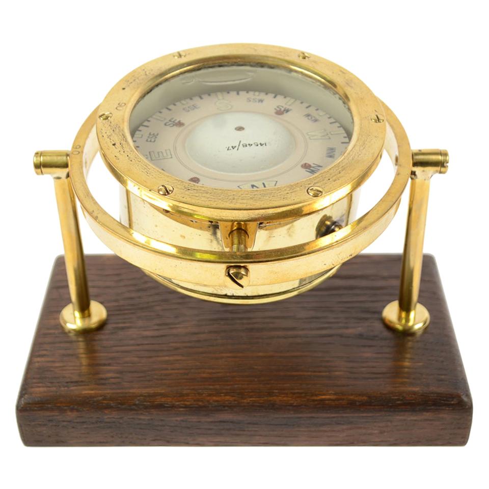 Brass Nautical Compass on a Wooden Board, Early 1900s