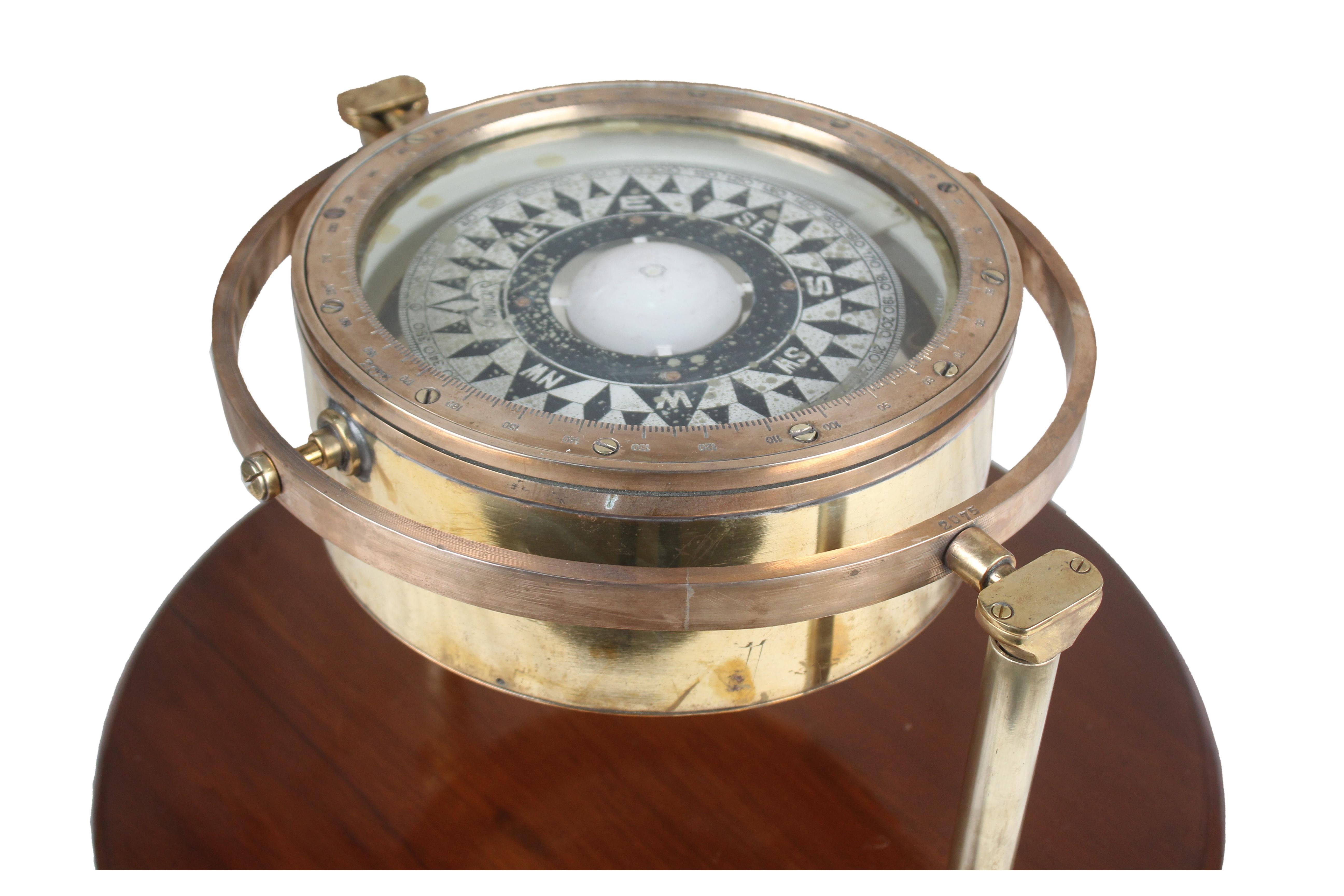 Brass Nautical Lifeboat Compass on Gimbaled Stand, English, 1940s In Good Condition In Nantucket, MA