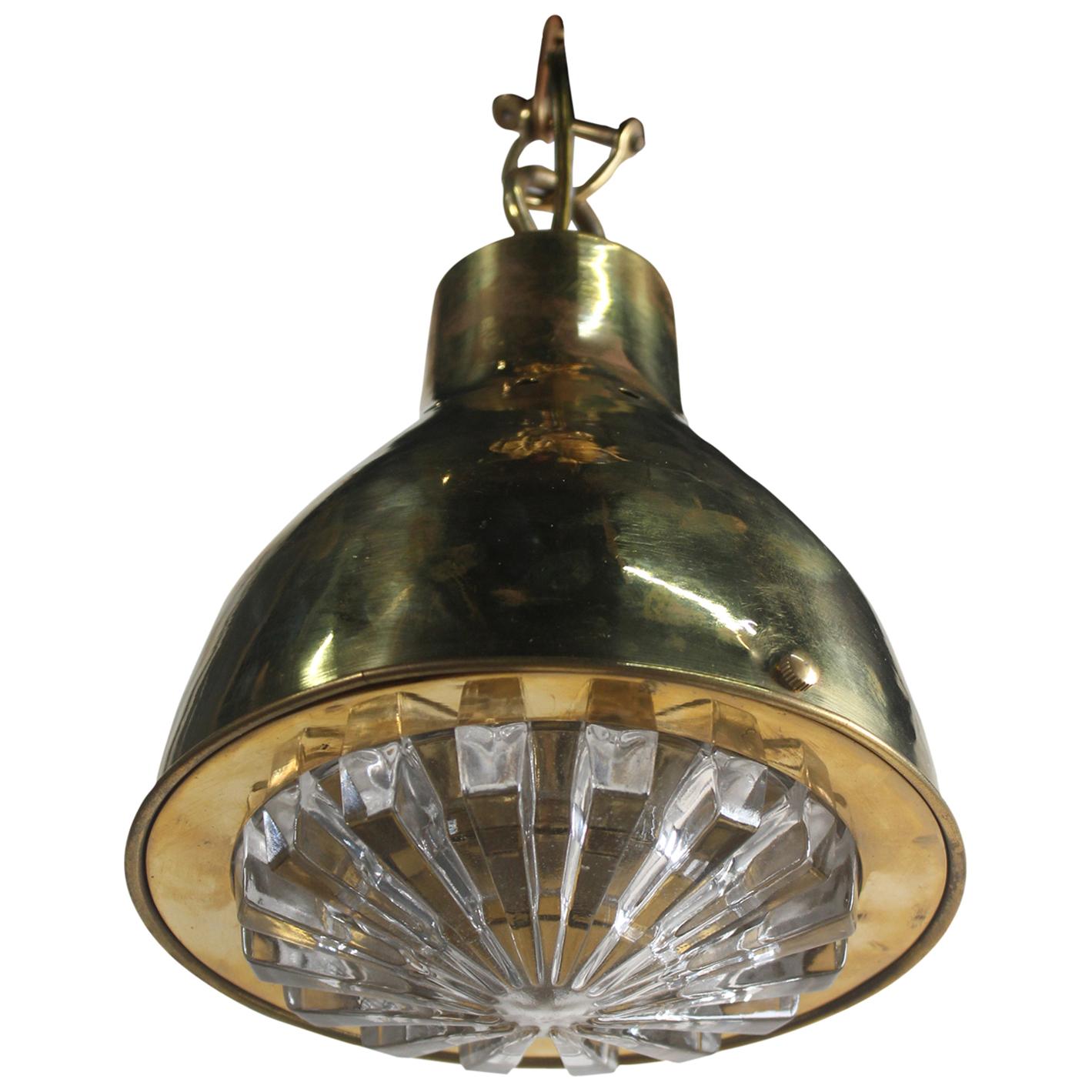 Brass Nautical Pendant Ceiling Light with Fresnel Lens Shade, 1970s
