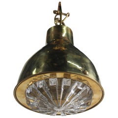 Vintage Brass Nautical Pendant Ceiling Light with Fresnel Lens Shade, 1970s