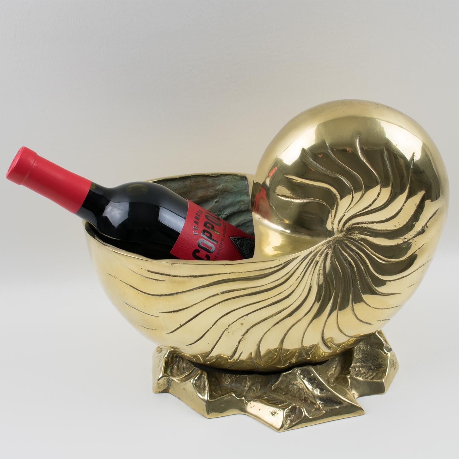 Brass Nautilus Sea Shell Animal Sculpture, Wine Cooler, Vase, Planter For Sale 3
