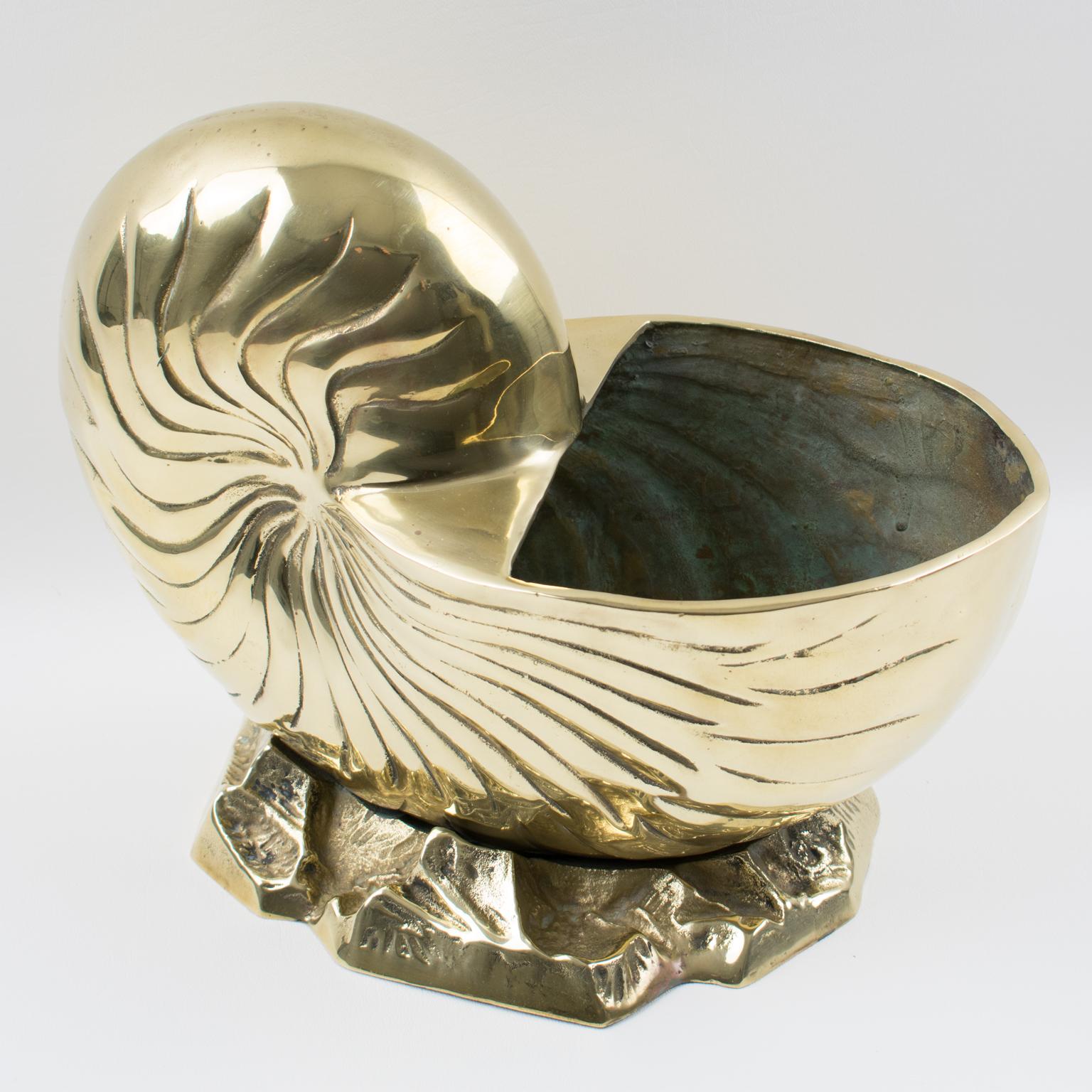Brass Nautilus Sea Shell Animal Sculpture, Wine Cooler, Vase, Planter For Sale 4