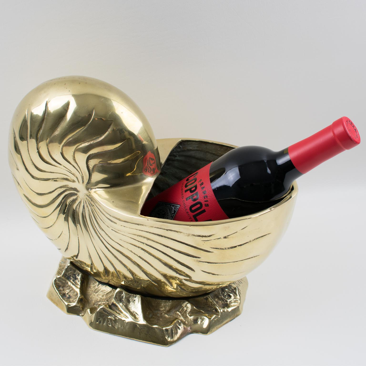 Brass Nautilus Sea Shell Animal Sculpture, Wine Cooler, Vase, Planter For Sale 5