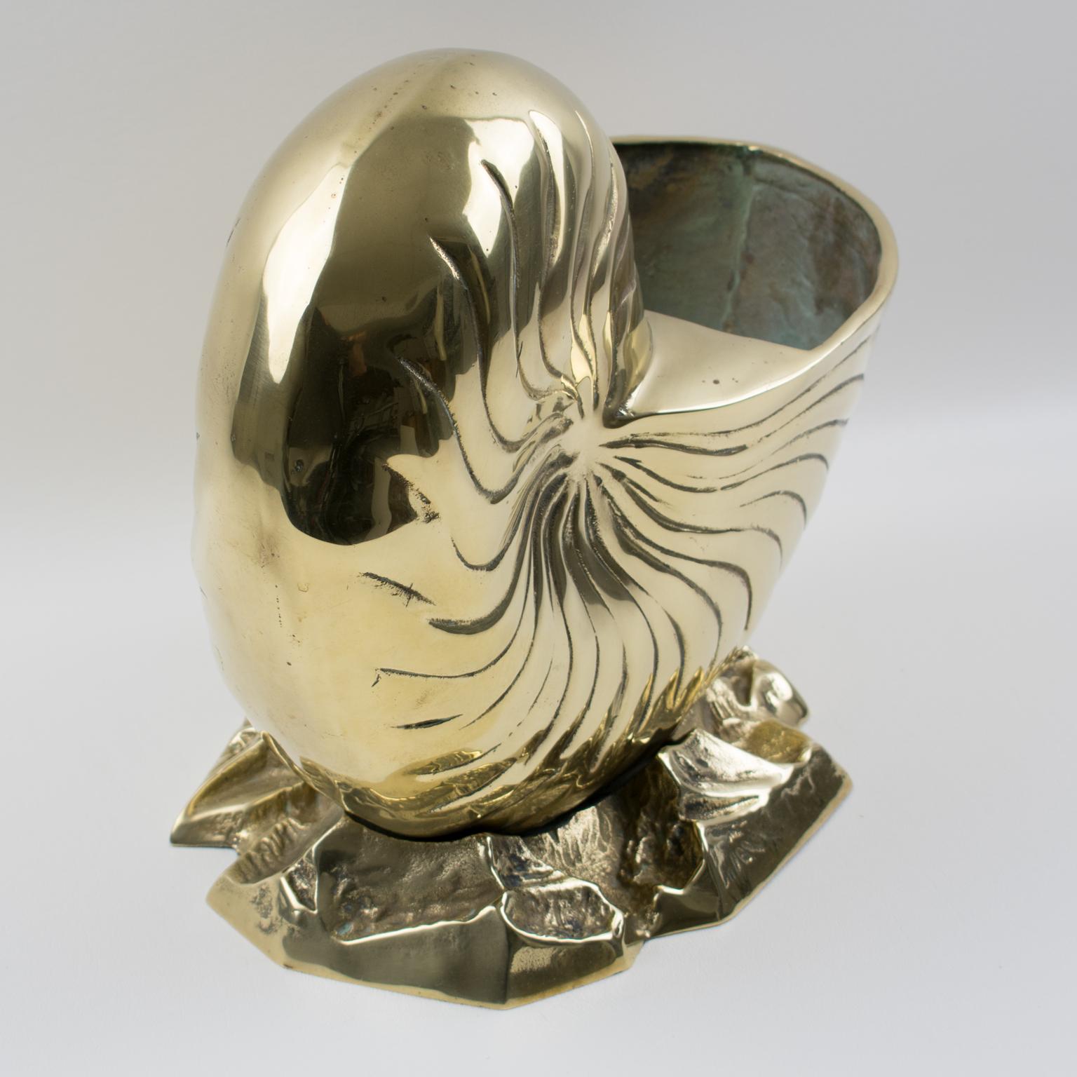 20th Century Brass Nautilus Sea Shell Animal Sculpture, Wine Cooler, Vase, Planter