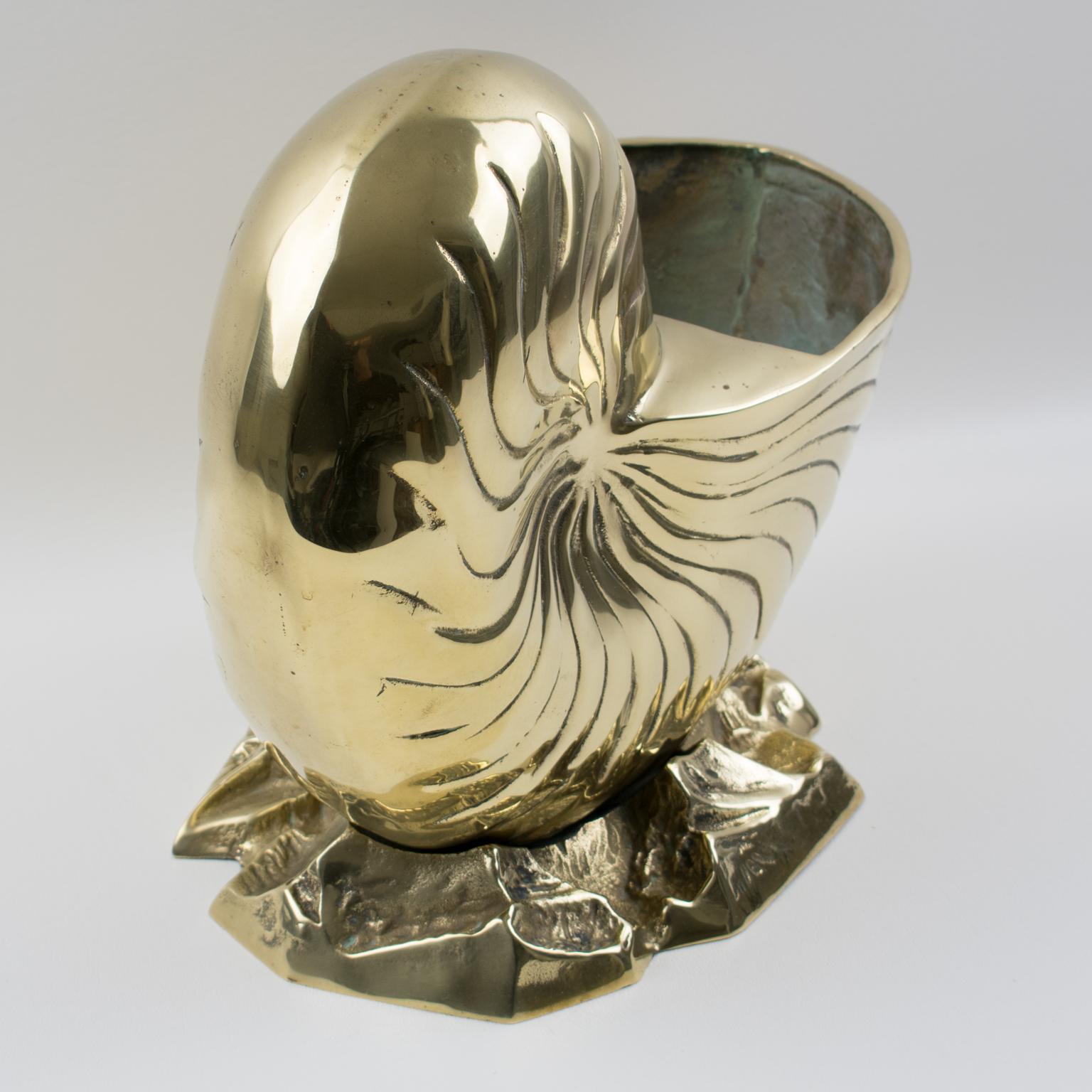 20th Century Brass Nautilus Sea Shell Animal Sculpture, Wine Cooler, Vase, Planter For Sale