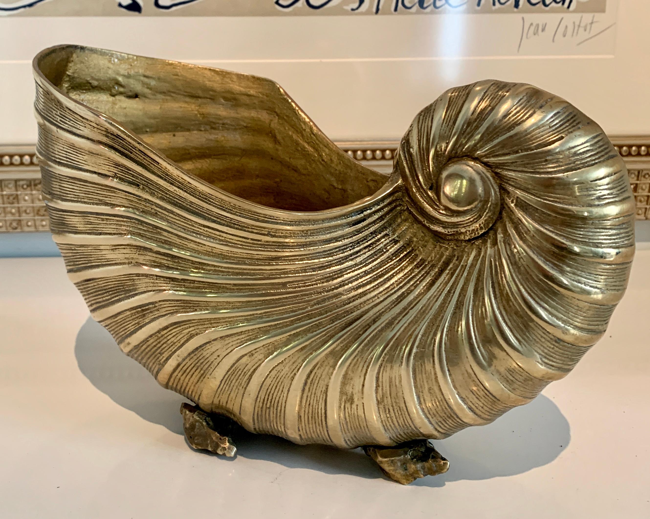 Hollywood Regency Brass Nautilus Shell Planter Cachepot with Shell Feet Details