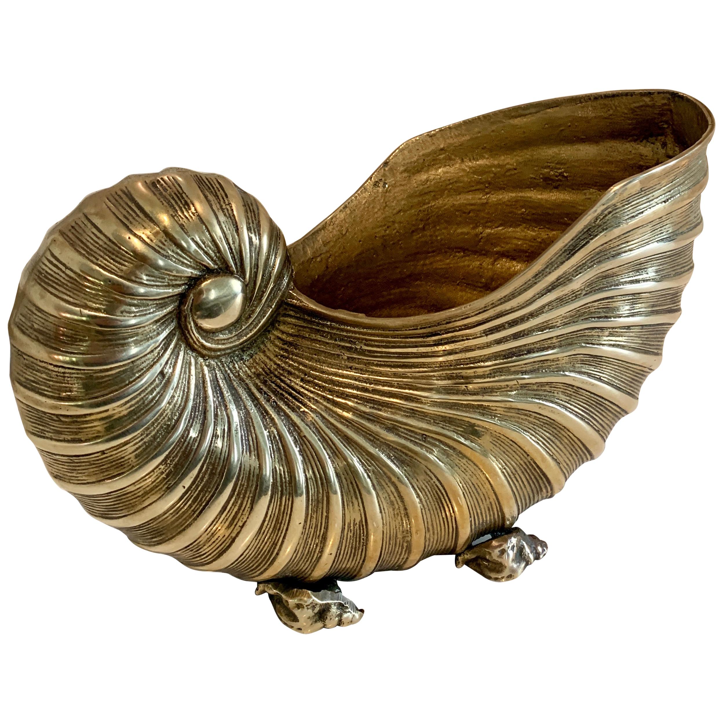 Brass Nautilus Shell Planter Cachepot with Shell Feet Details