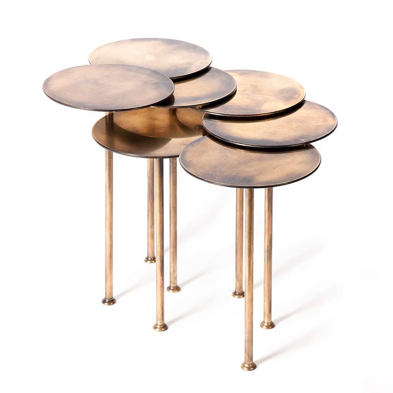 Brass Nenuphar coffee table by Atelier Thomas Formont
Design: Thomas Formont
Materials: Solid brass fine polished, waxed, patinated finish with an aged effect
Dimensions: 7 trays of 25 cm diameter
Height 45 cm

Articulable table composed of 7