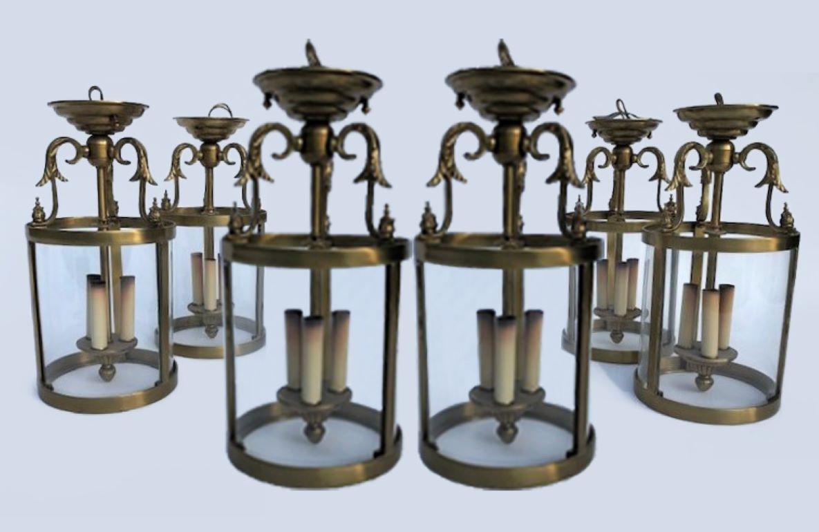 19th Century Brass Neoclassical Regency Lantern w/ 3 Candelabra Light Cluster & Curved Glass For Sale