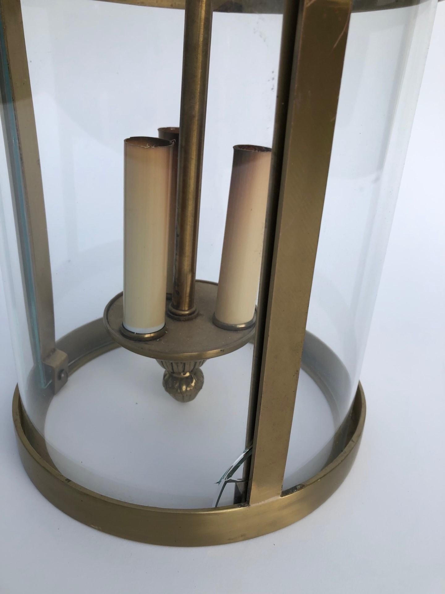 Brass Neoclassical Regency Lantern w/ 3 Candelabra Light Cluster & Curved Glass For Sale 1