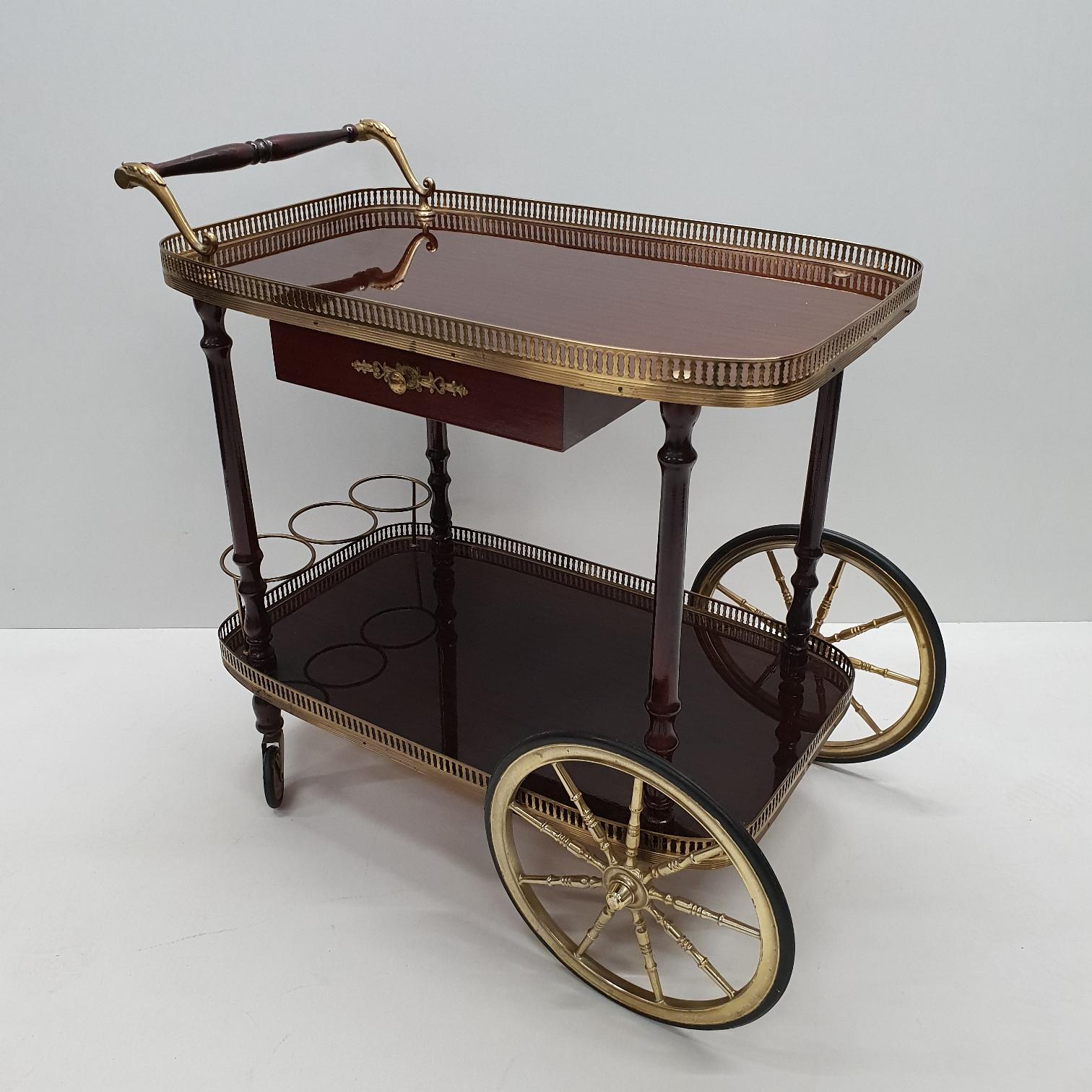 Brass Neoclassical Serving Trolley Bar Cart with Drawer, 1960s 6