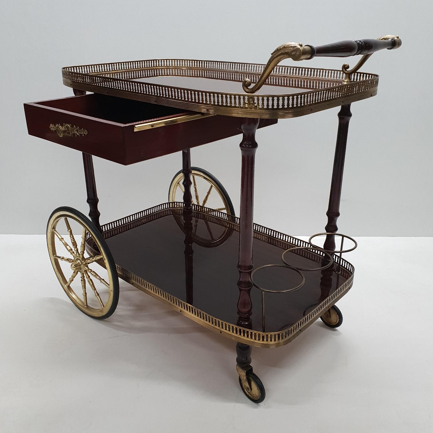 Brass Neoclassical Serving Trolley Bar Cart with Drawer, 1960s 7