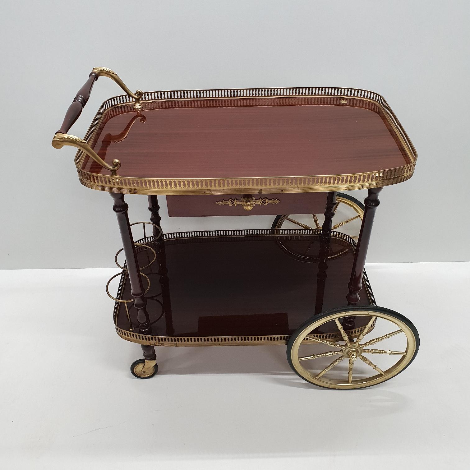 20th Century Brass Neoclassical Serving Trolley Bar Cart with Drawer, 1960s