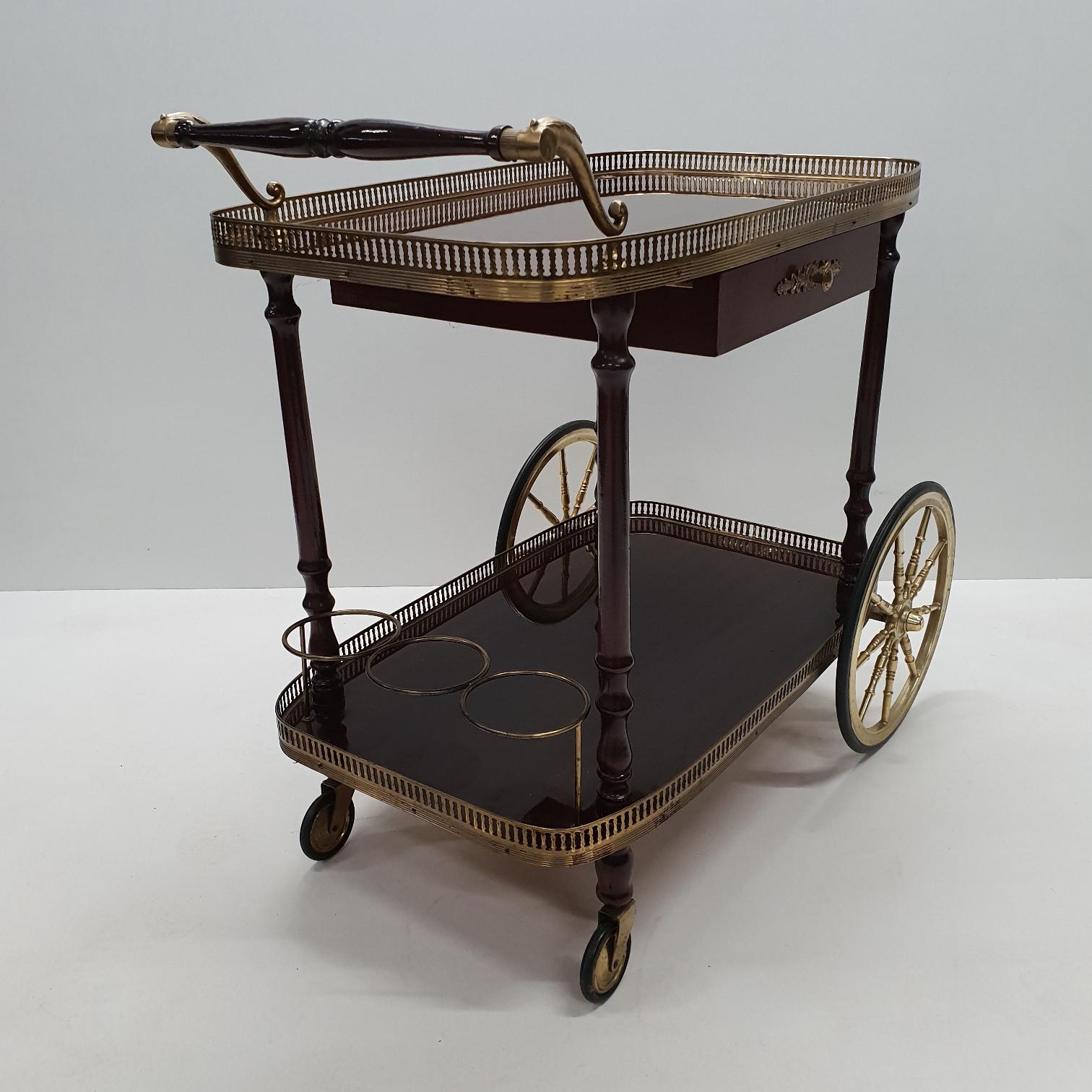 Brass Neoclassical Serving Trolley Bar Cart with Drawer, 1960s 1