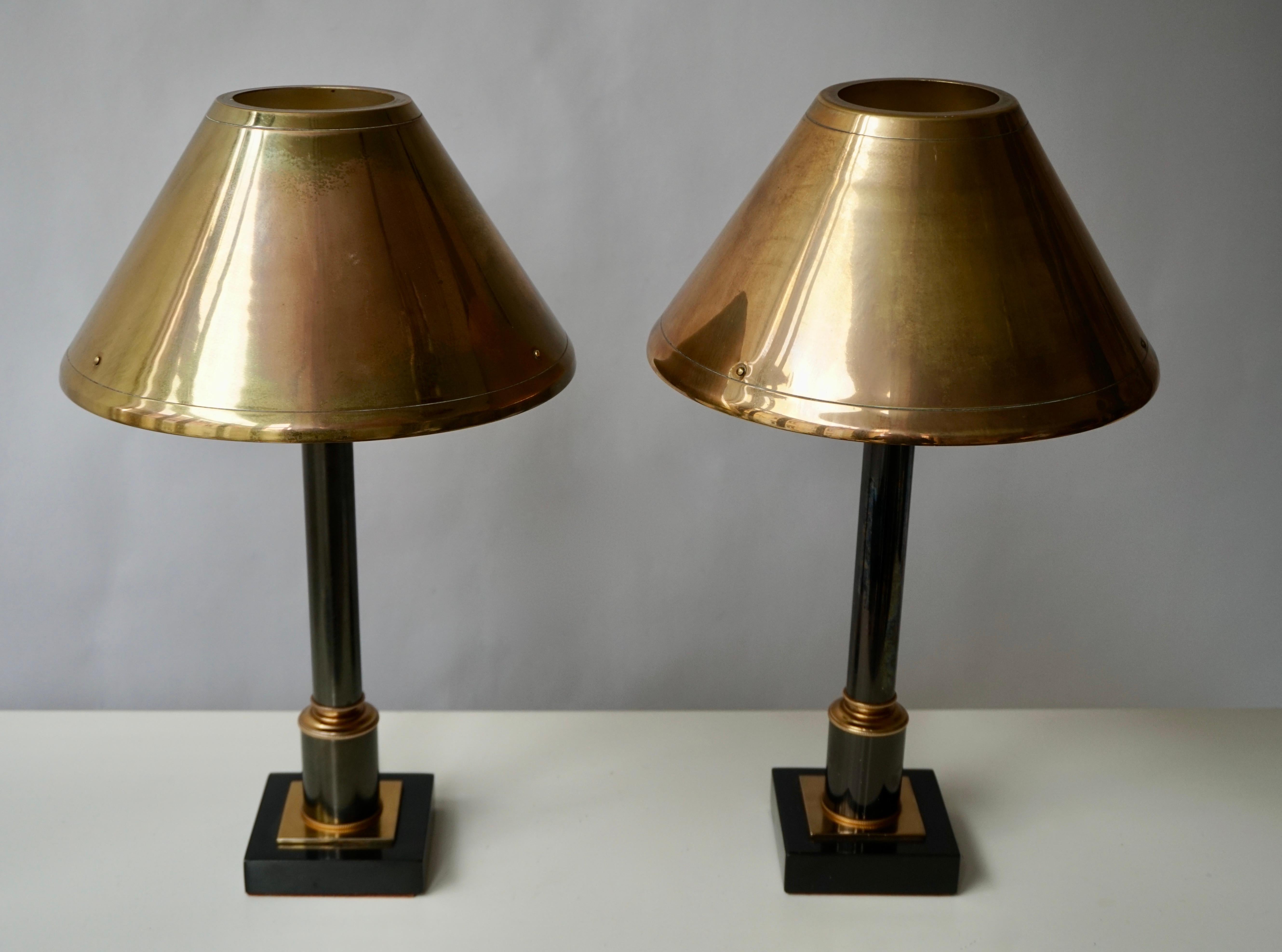 Belgian Brass Neoclassical Style Column Table Lamps, 1970s, Set of 2