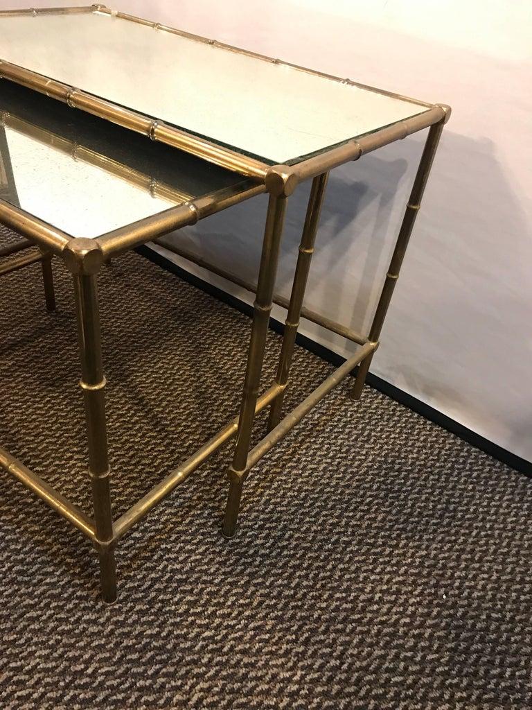 Brass Nest of Tables with Mirror Tops in Bamboo Form In Good Condition For Sale In Stamford, CT