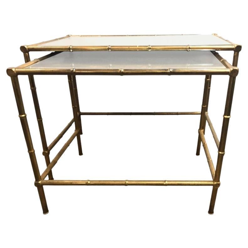 Brass Nest of Tables with Mirror Tops in Bamboo Form For Sale
