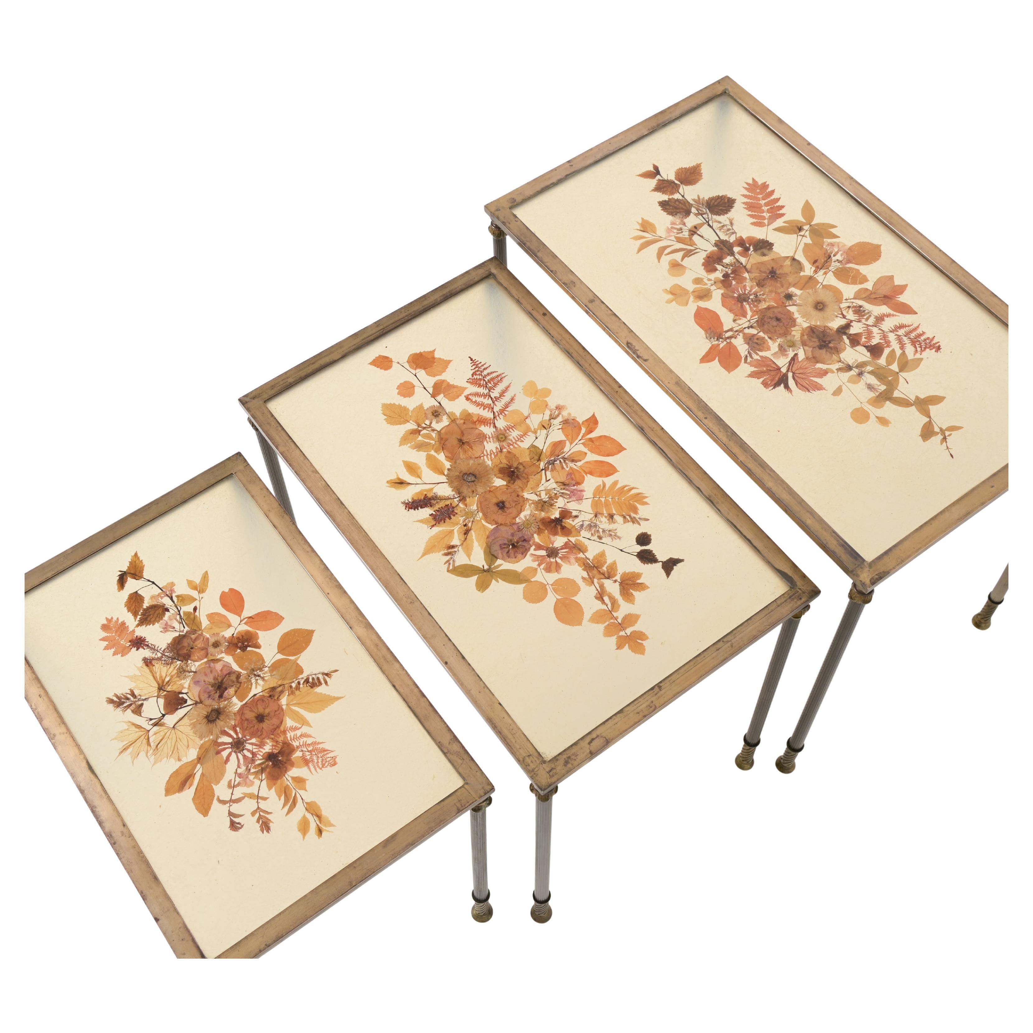 Brass Nesting Tables Decorated with Dried Flowers by the artist 
allinckx
 For Sale