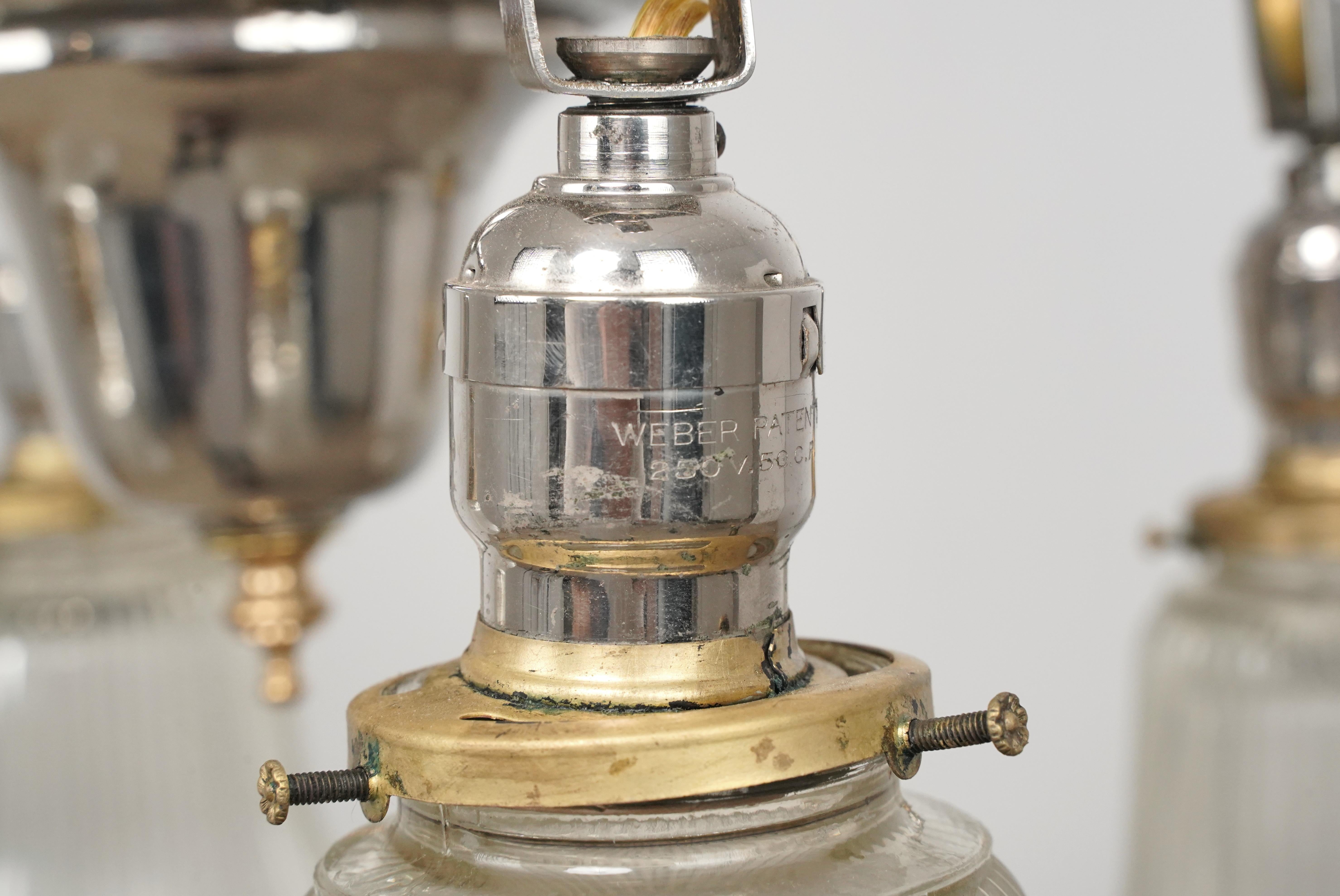 Brass & Nickel 4 Arm Glass Shades Pole Chandelier In Good Condition For Sale In New York, NY