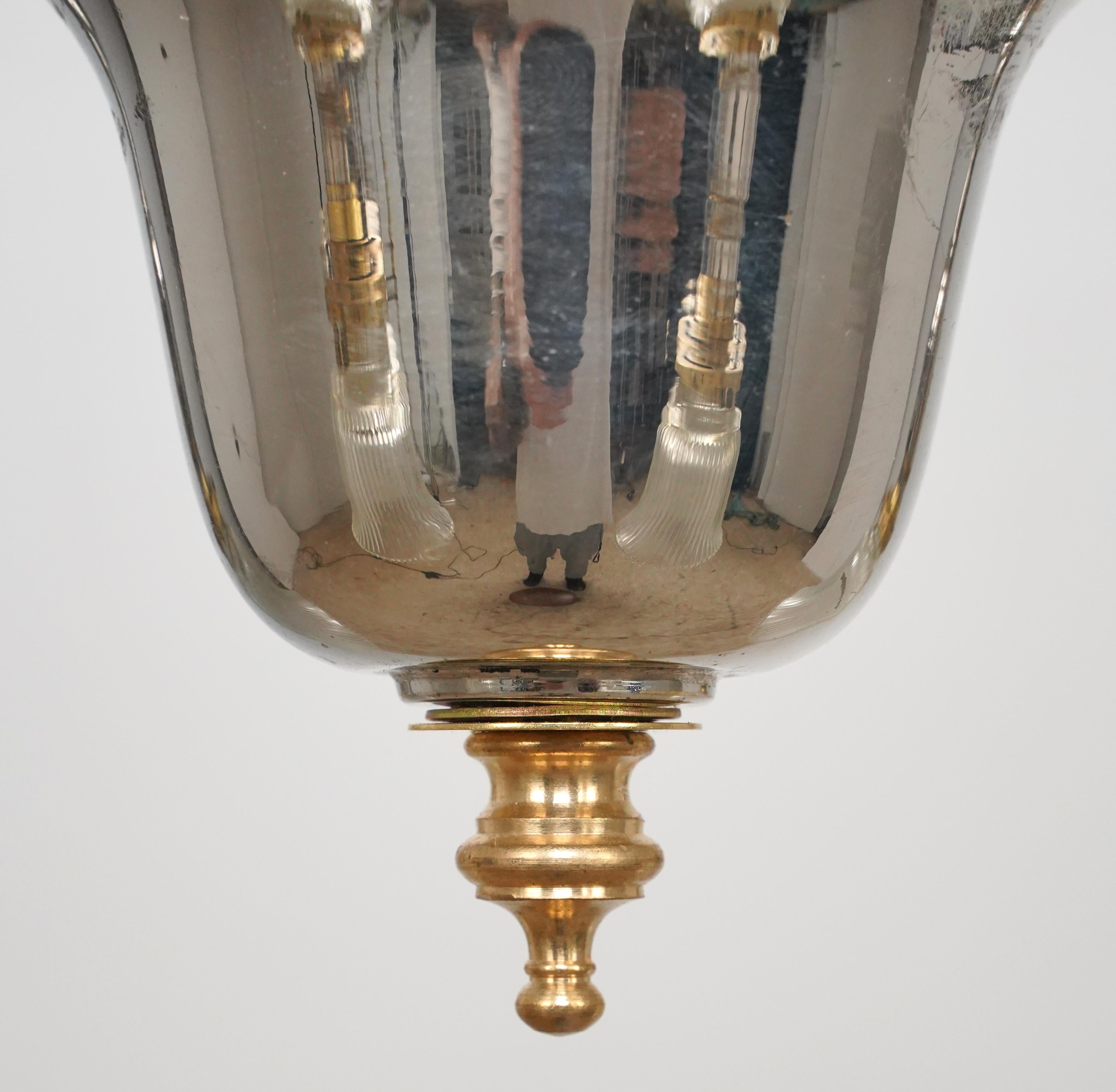 20th Century Brass & Nickel 4 Arm Glass Shades Pole Chandelier For Sale