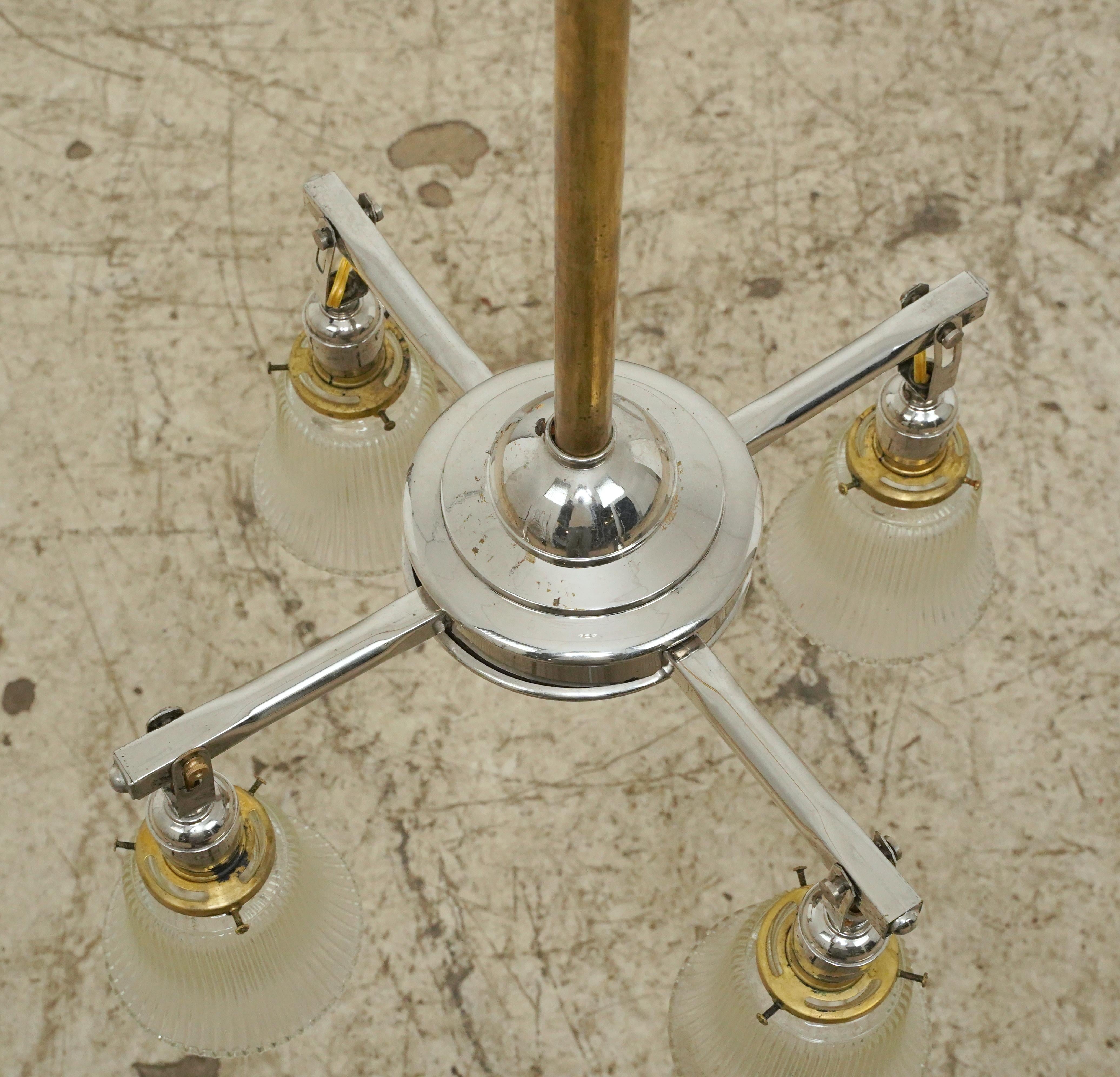 Brass & Nickel 4 Arm Glass Shades Pole Chandelier For Sale 3