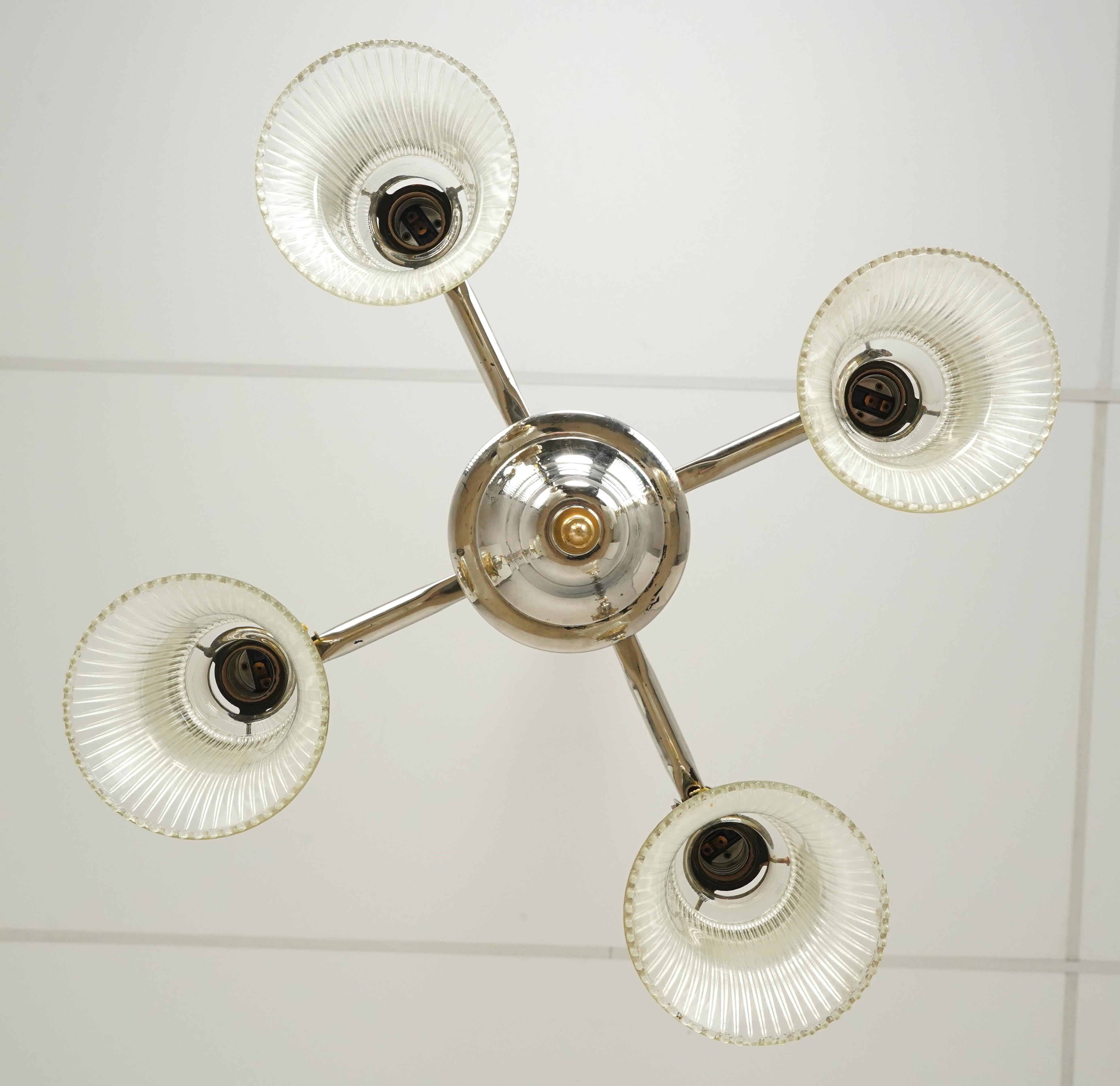 Brass & Nickel 4 Arm Glass Shades Pole Chandelier For Sale 4
