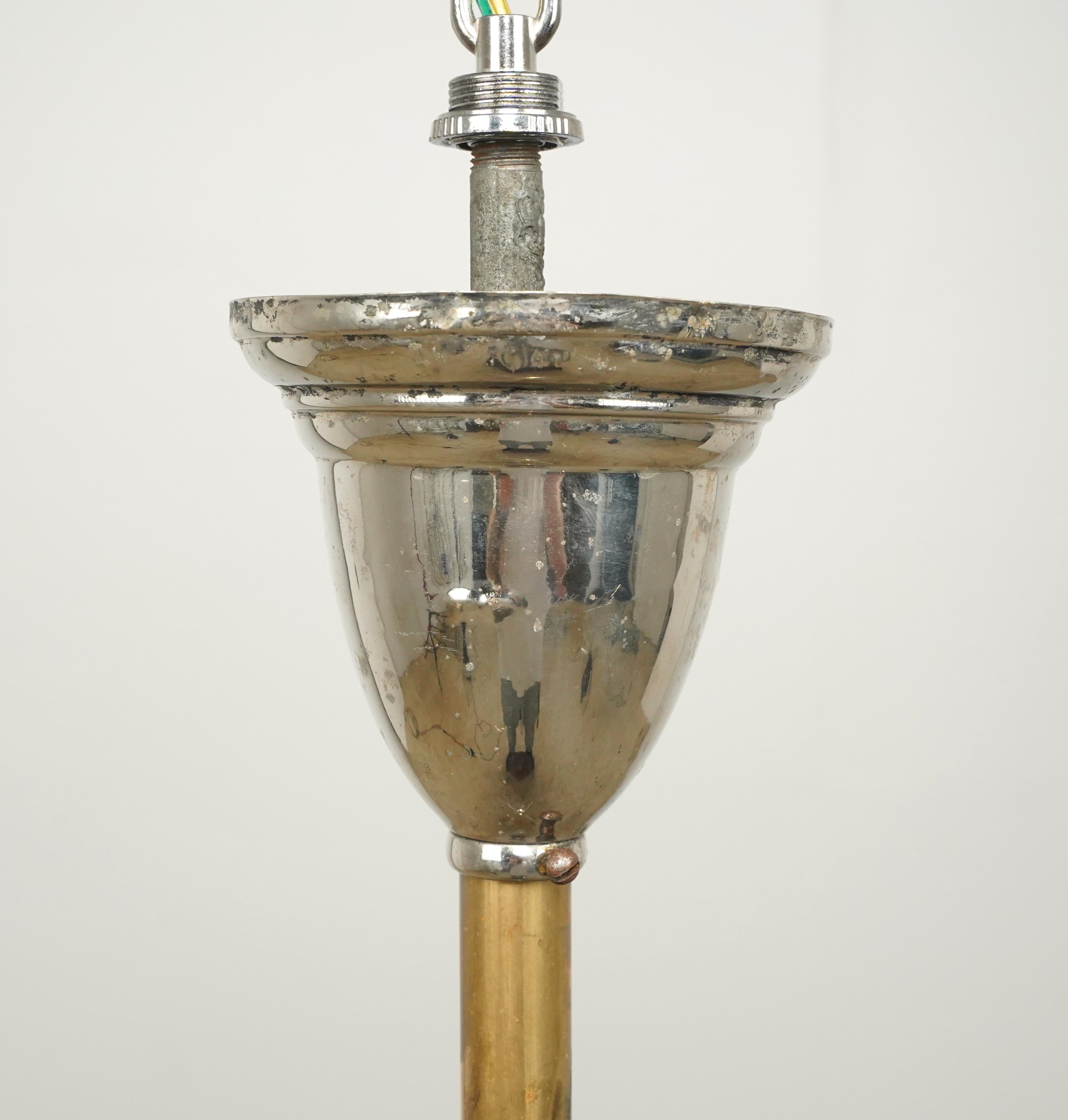 Brass & Nickel 4 Arm Glass Shades Pole Chandelier For Sale 5