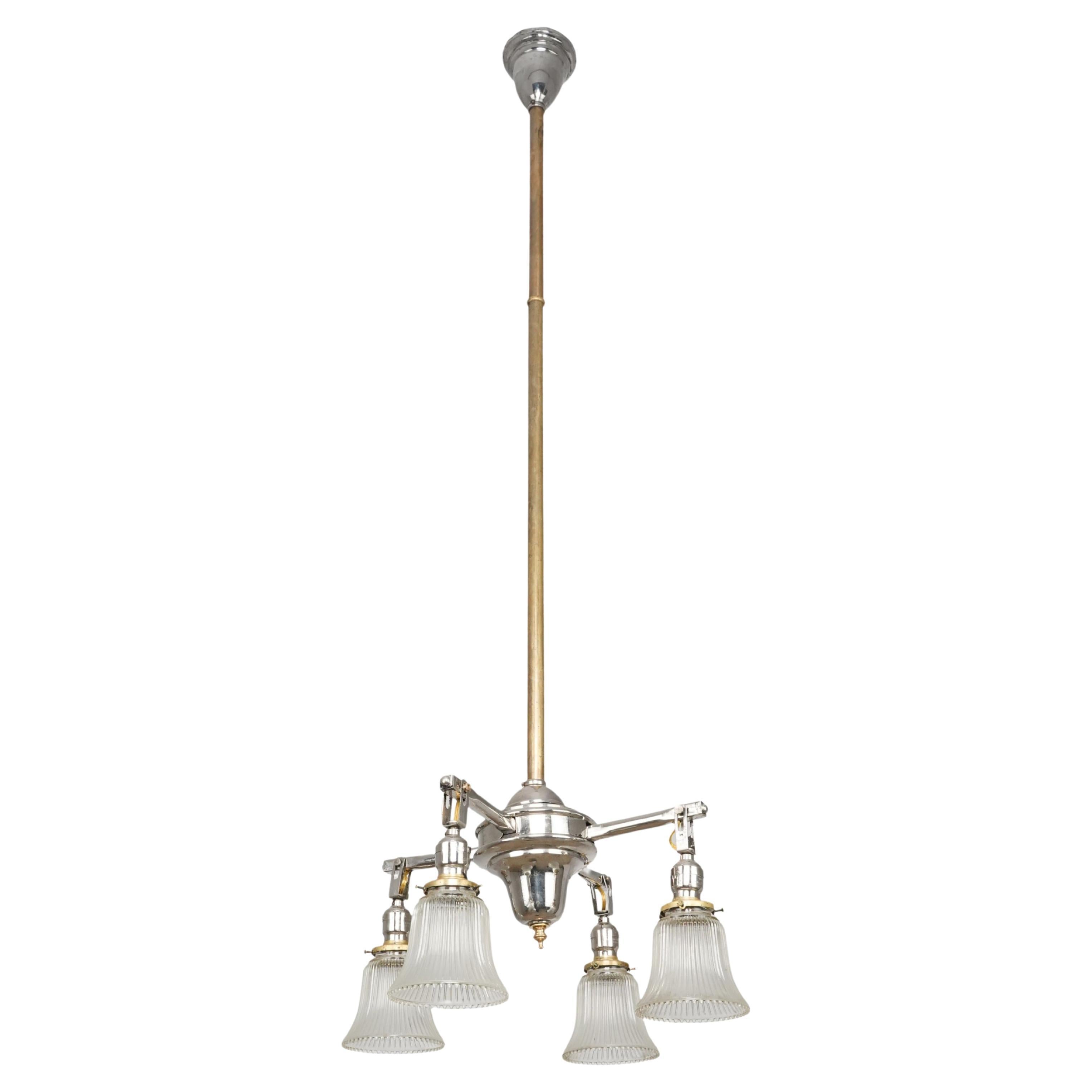 Brass & Nickel 4 Arm Glass Shades Pole Chandelier For Sale