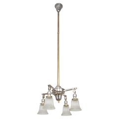 Vintage Brass & Nickel 4 Arm Glass Shades Pole Chandelier
