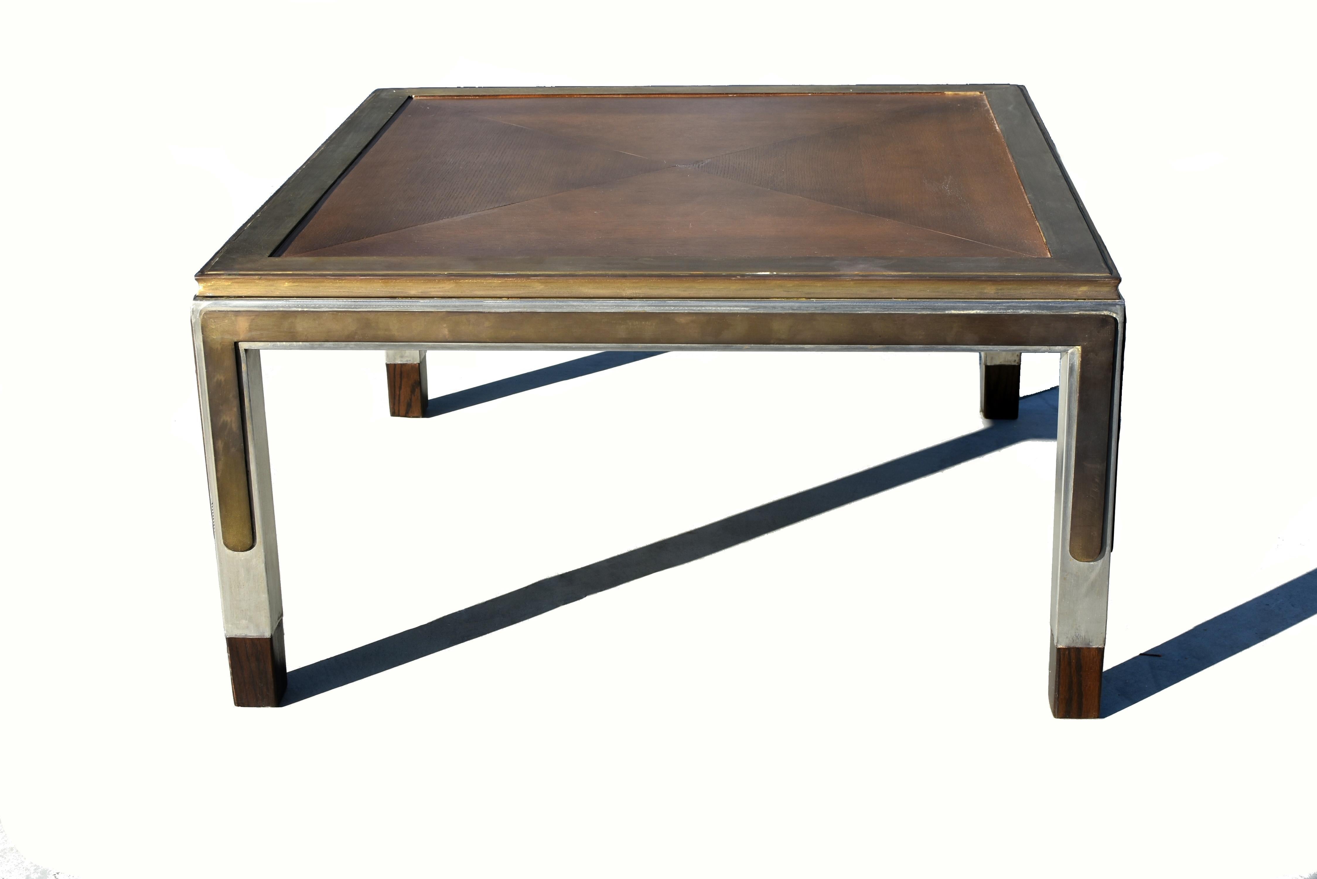 Brass Nickel Metal Wood Coffee Table In Good Condition For Sale In Somis, CA