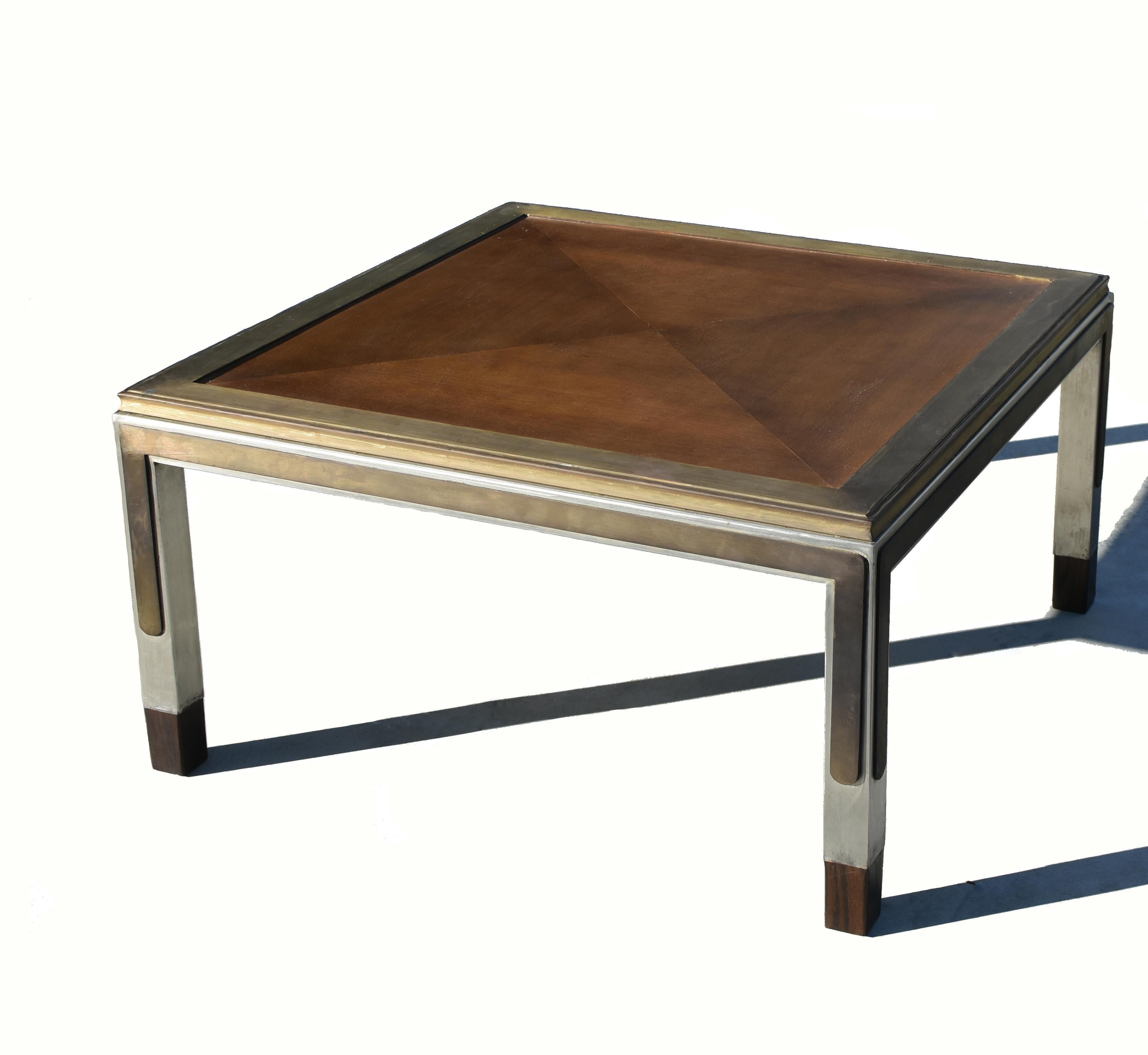 20th Century Brass Nickel Metal Wood Coffee Table For Sale