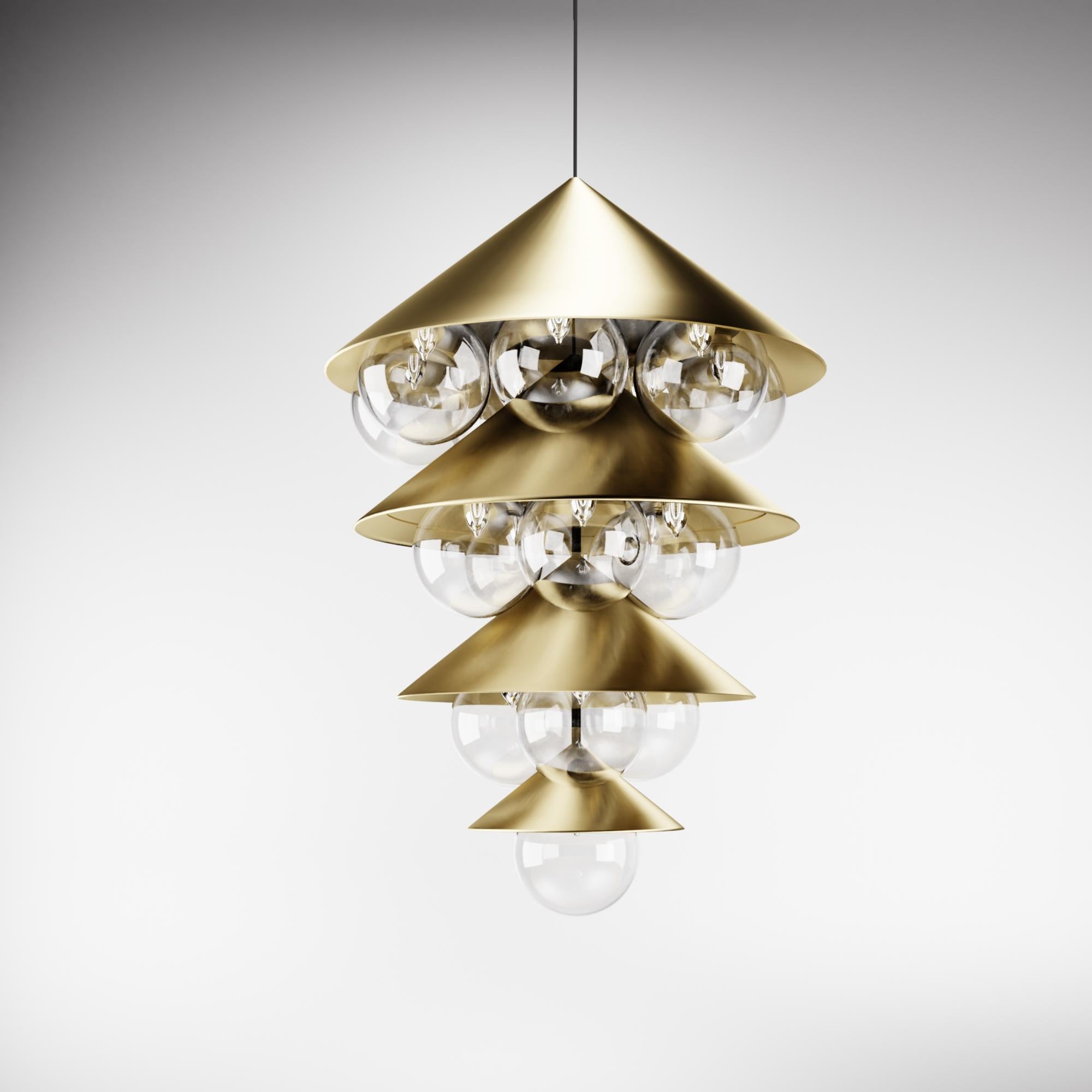 Brass Nonla pendant lamp I by Kasadamo
Dimensions: D 50 x H 105 cm
Materials: brass, aluminium, glass
Also Available: Other size, color, and glass colors available.

All our lamps can be wired according to each country. If sold to the USA it