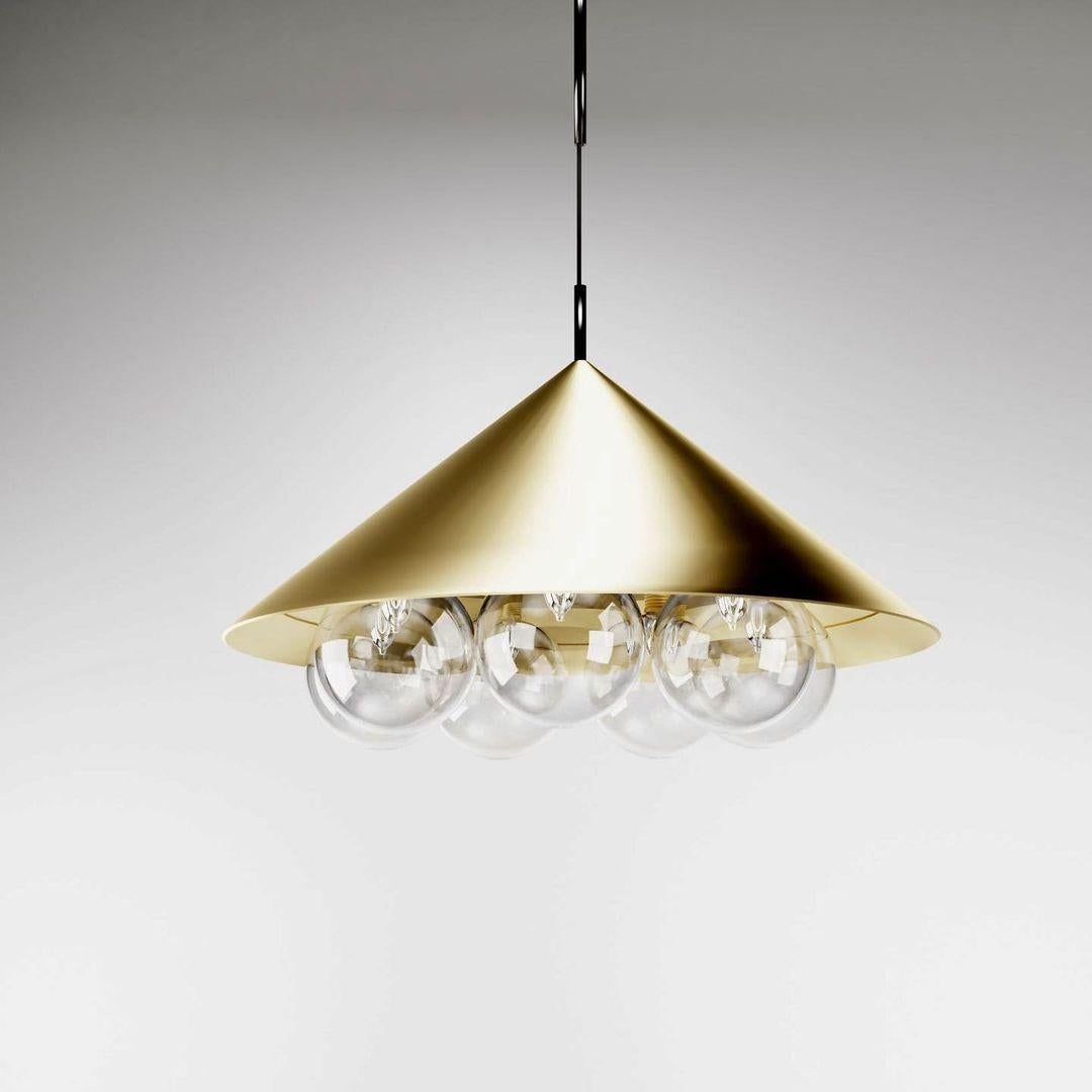 Brass Nonla pendant lamp III by Kasadamo
Dimensions: D 50 x H 45 cm
Materials: brass, aluminium, glass
Also Available: Other size, color, and glass colors available.

All our lamps can be wired according to each country. If sold to the USA it