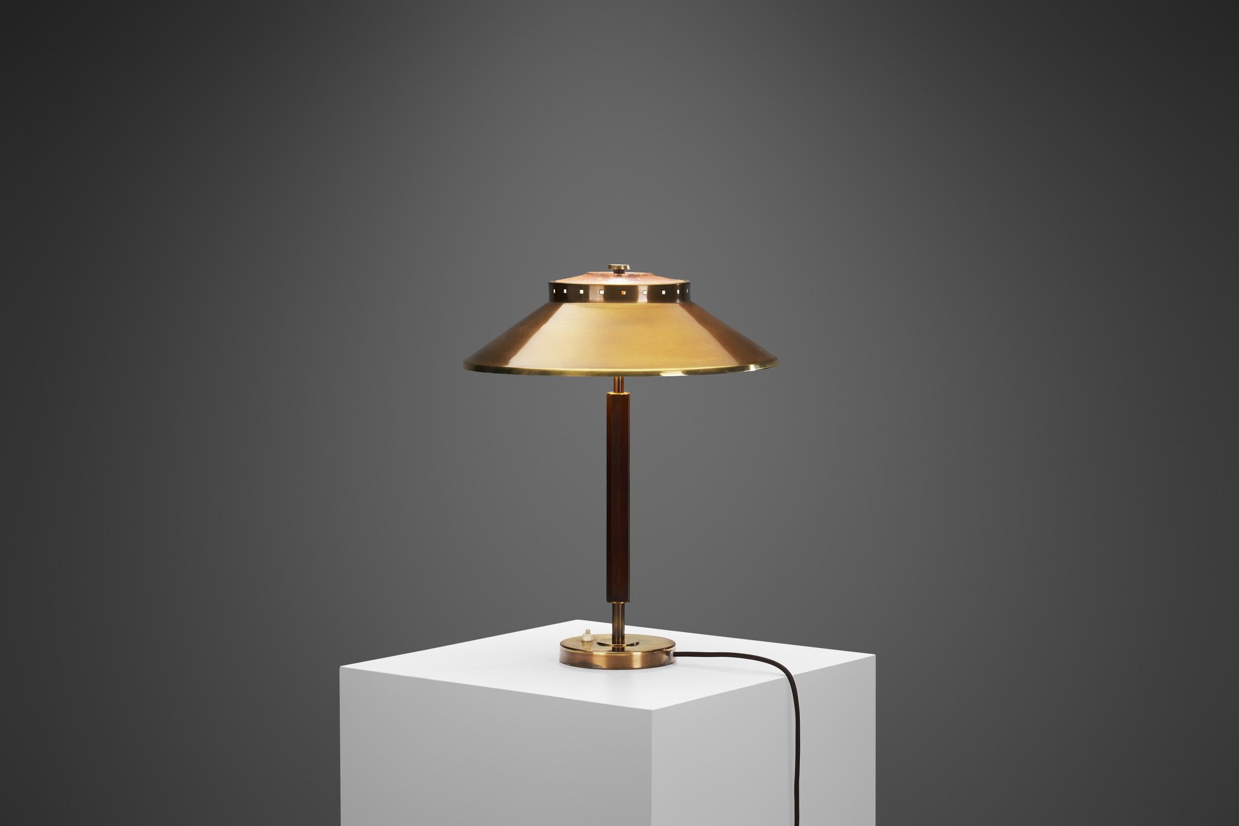 Swedish Brass, Oak and Glass Table Lamp by Boréns, Borås, Sweden 1940s For Sale