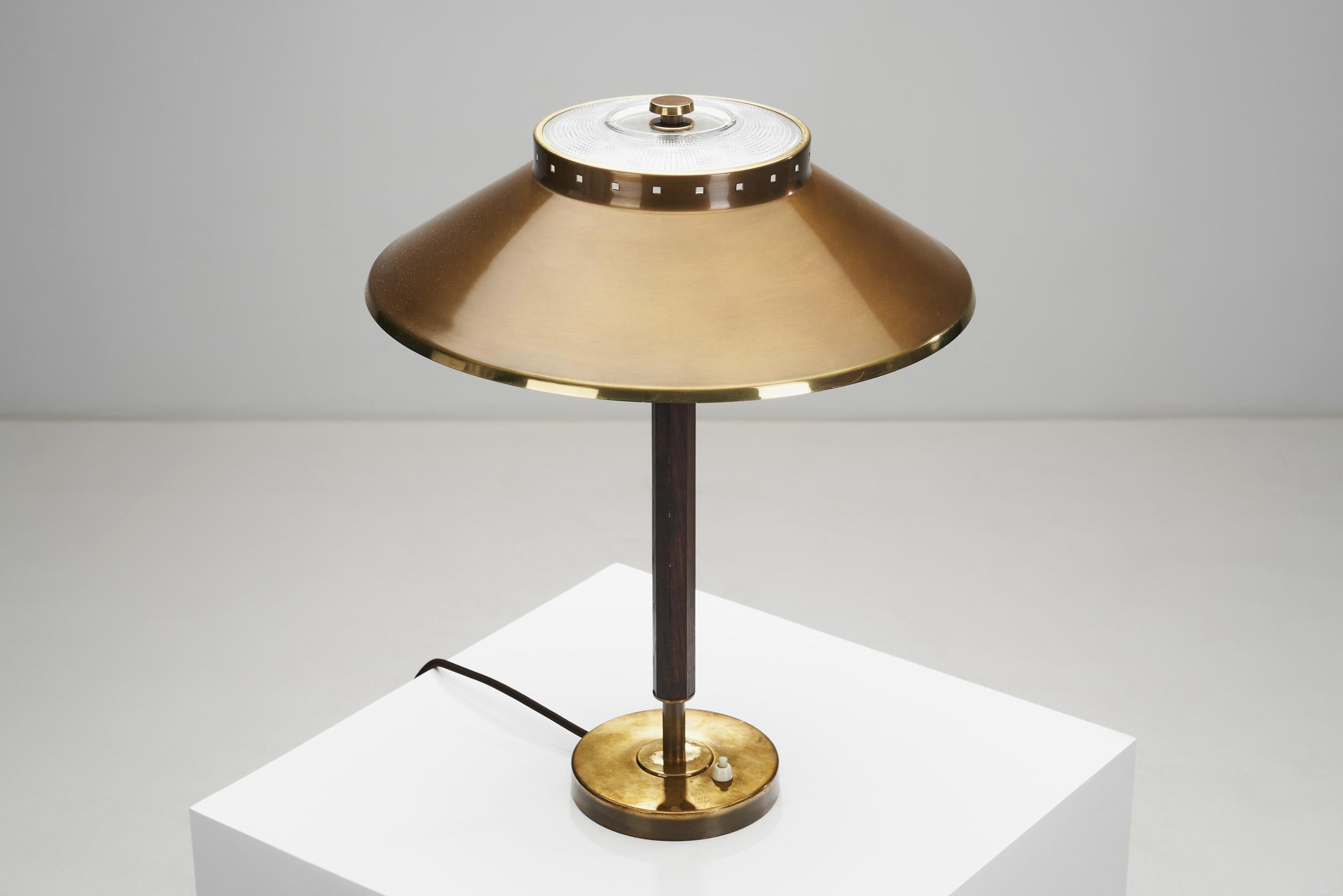 Brass, Oak and Glass Table Lamp by Boréns, Borås, Sweden 1940s For Sale 1