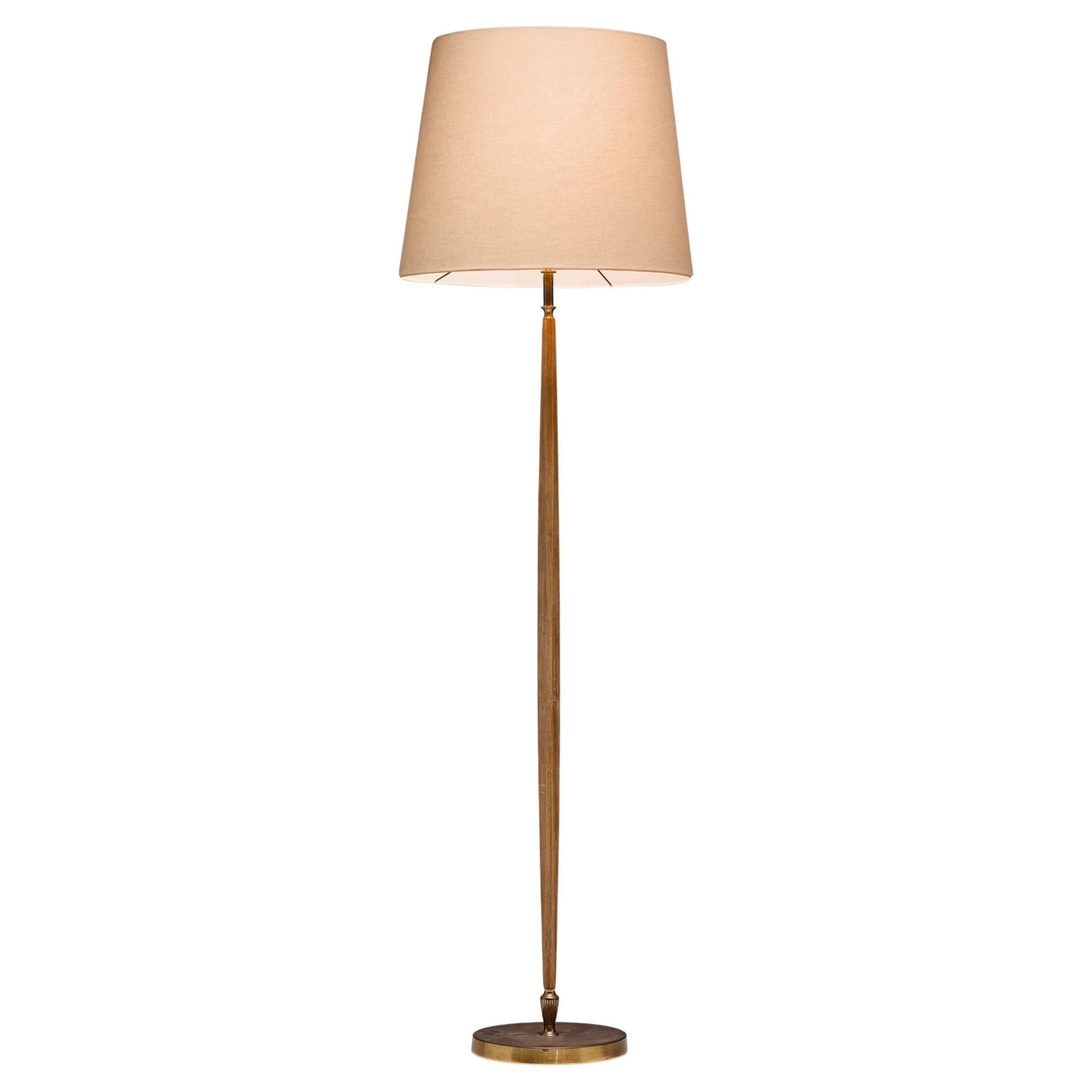 Brass & Oak Floor Lamp, England circa 1950