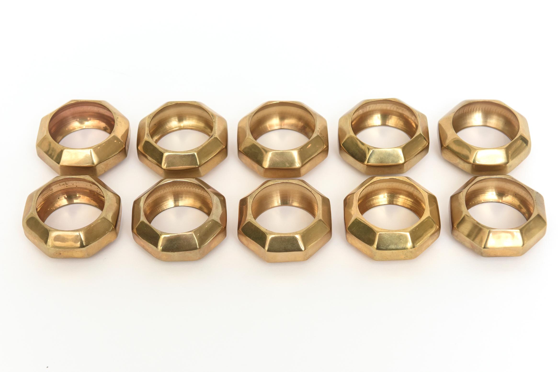 Brass Vintage Octagon Sculptural Napkin Rings Set of 10 5