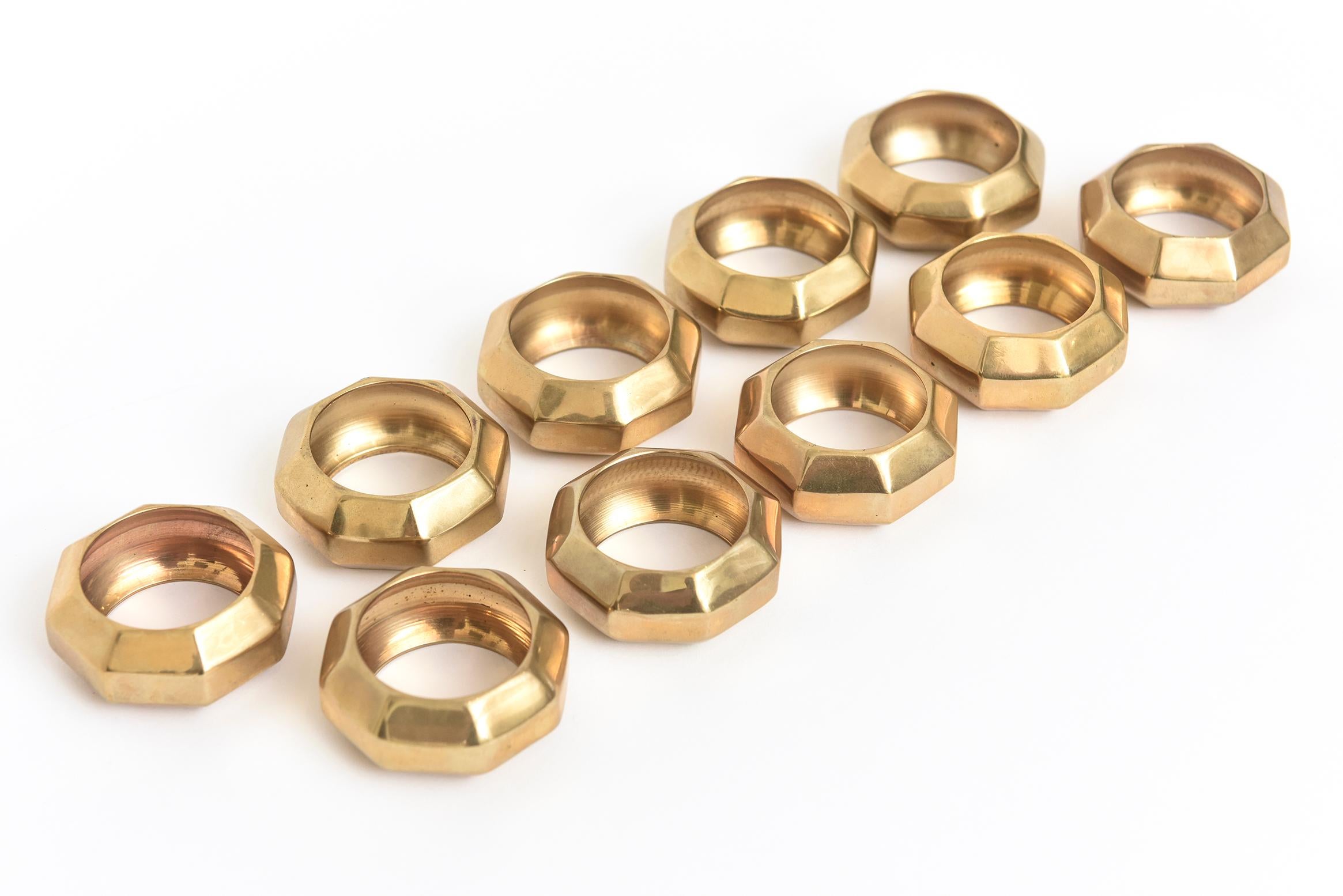 Modern Brass Vintage Octagon Sculptural Napkin Rings Set of 10