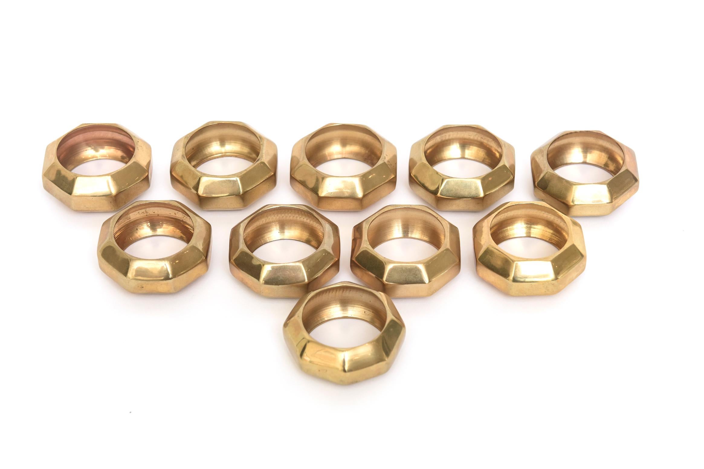 American Brass Vintage Octagon Sculptural Napkin Rings Set of 10