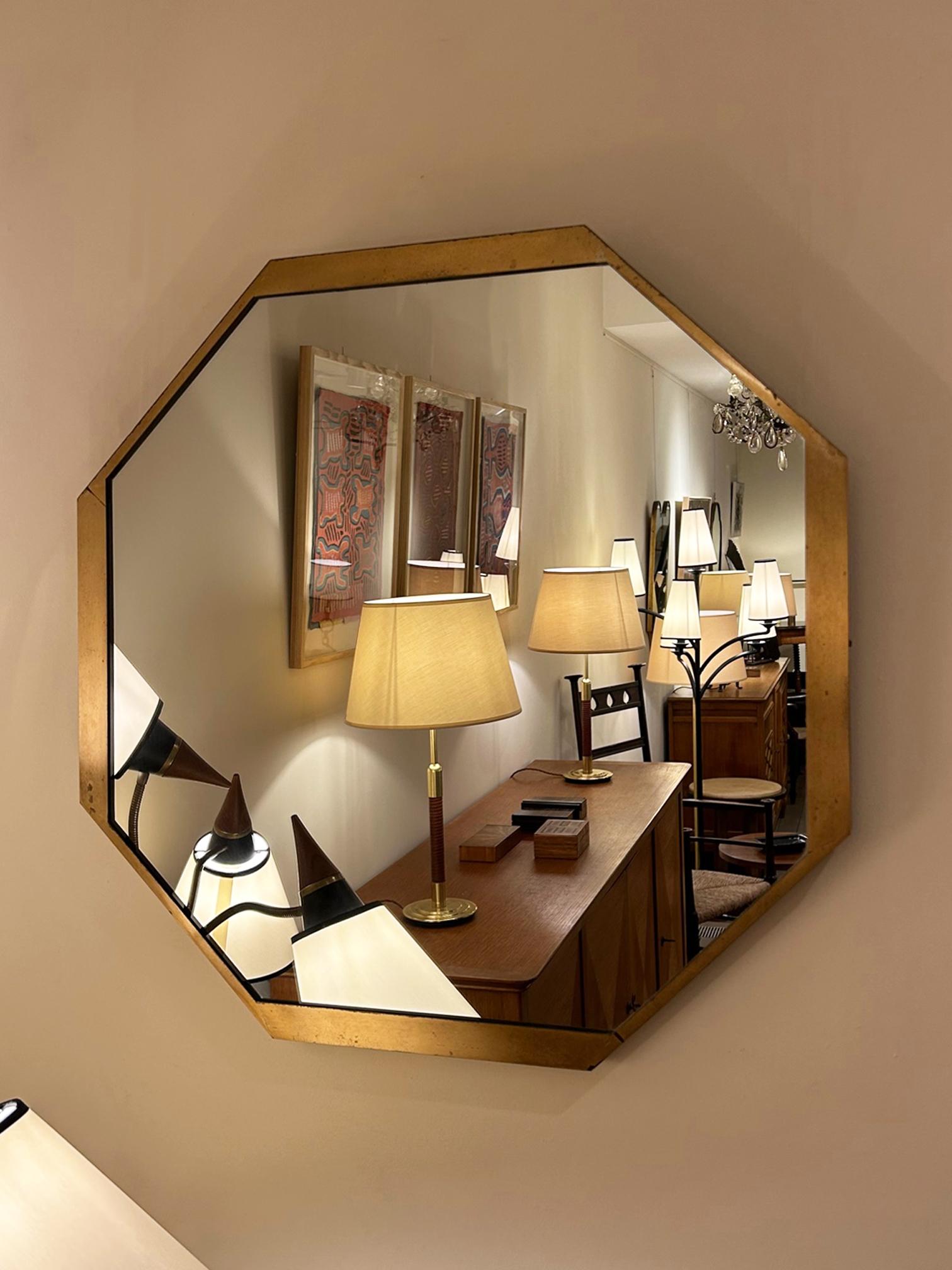 Mid-Century Modern Brass Octagonal Mirror
