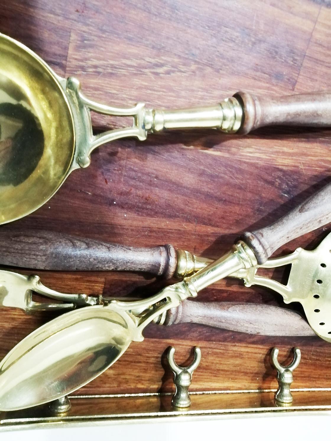 Brass Old Kitchen Utensils with from a Hanging Bar, Early 20th Century 4