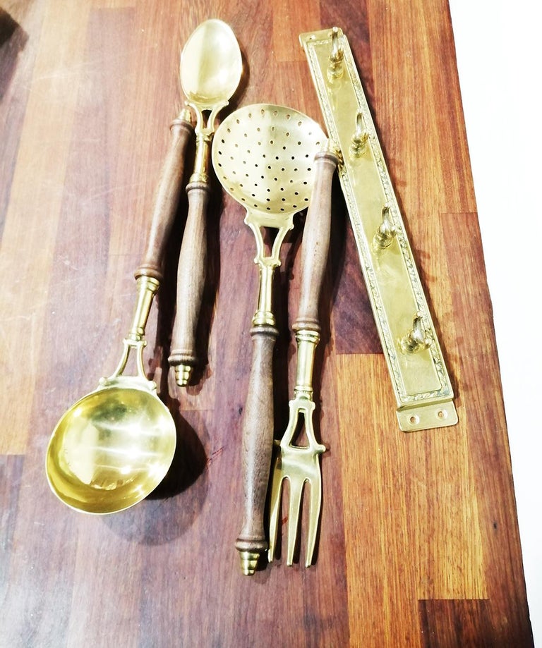 Brass Old Kitchen Utensils with from a Hanging Bar, Early 20th Century
