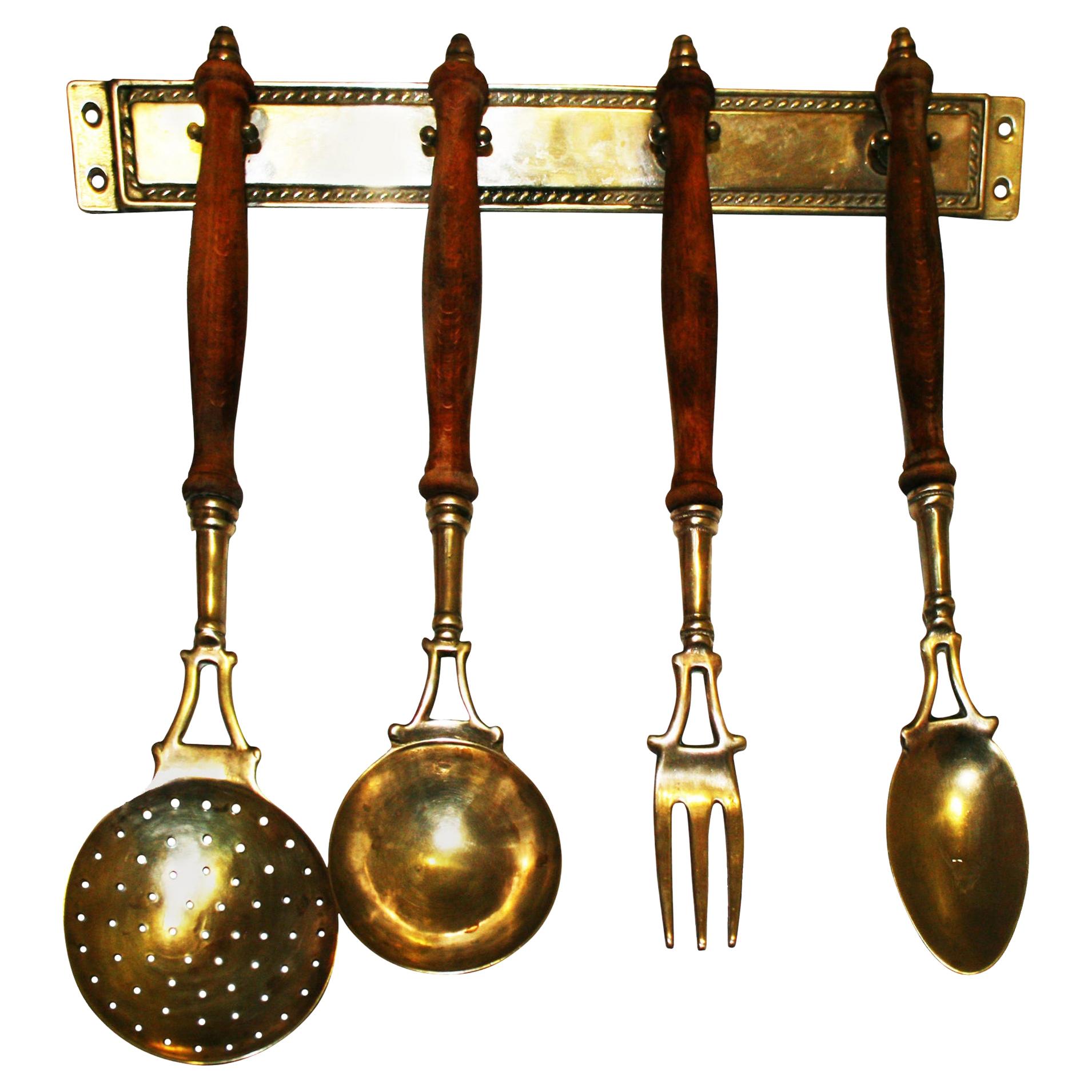 Brass Old Kitchen Utensils with from a Hanging Bar, Early 20th Century
