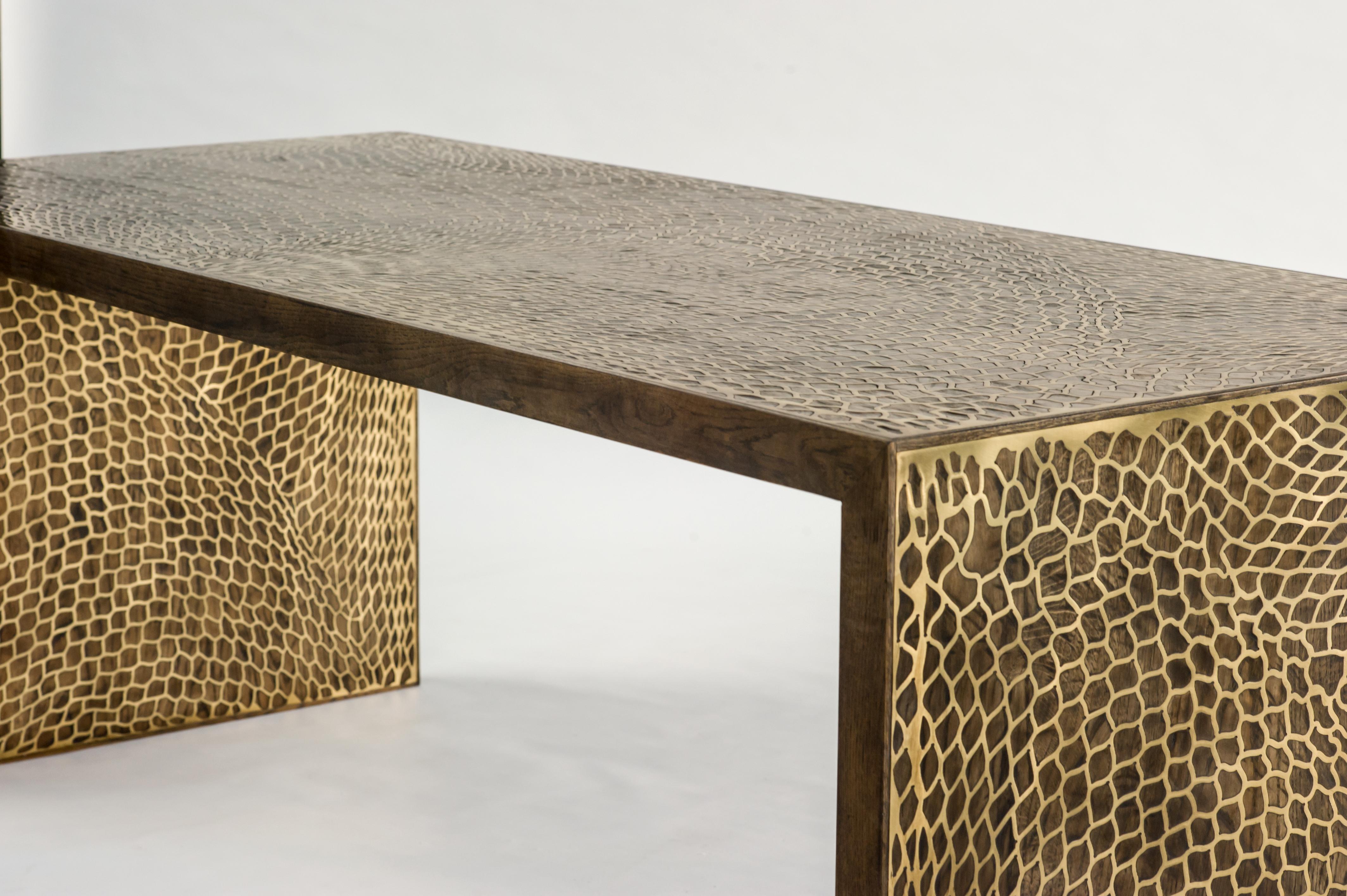 Contemporary Brass on Oak Trama Coffee Table Sculpted by Francesco Perini For Sale